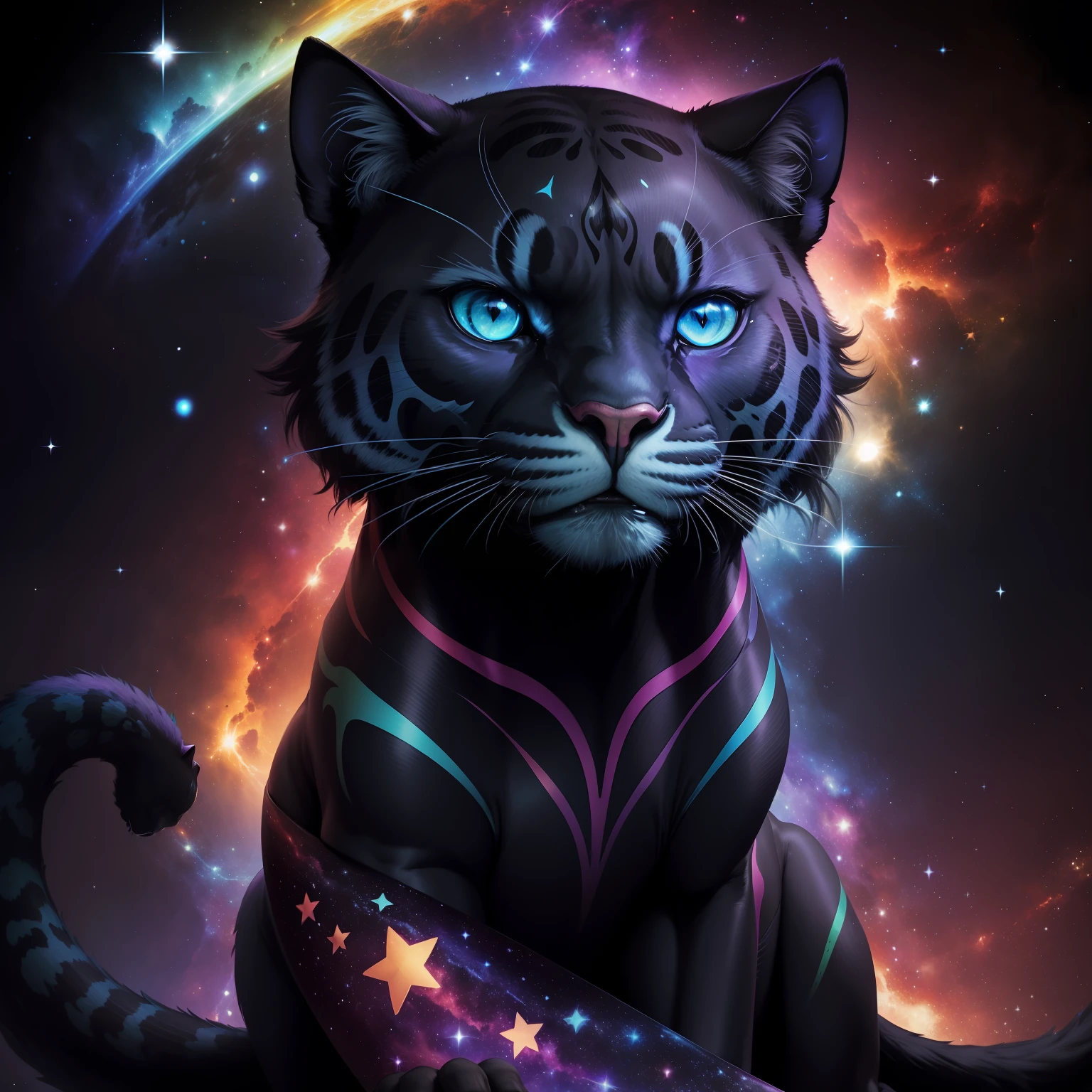 a rainbow colored panther, rainbow colored cosmic nebula background, stars, galaxies