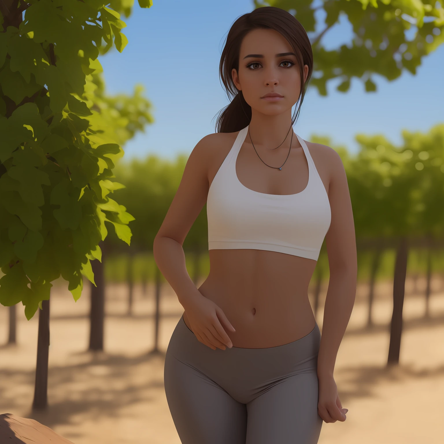 Beautiful Brazilian girl, brown hair in a ponytail, 18 years old, beautiful thin figure symmetrical eyes, (beautifully detailed face, beautiful detailed eyes), dramatic lighting, (photo realism:1. 4), realistic, sharp focus, HD, highly complex, intricate, photography, hyperrealism, hyperrealistic, raytracing, physics-based rendering, ((8k, RAW photo, masterpiece), High detail RAW color photo, (highest quality), (best shadow), (best illustration), ultra high resolution, highly detailed CG unified 8K wallpapers), rim lighting, vivid color, post-processing, vibrant, color grading, Posing in a vineyard, wearing tight leggings and a sports bra, showing her ????, holding a glass of white wine