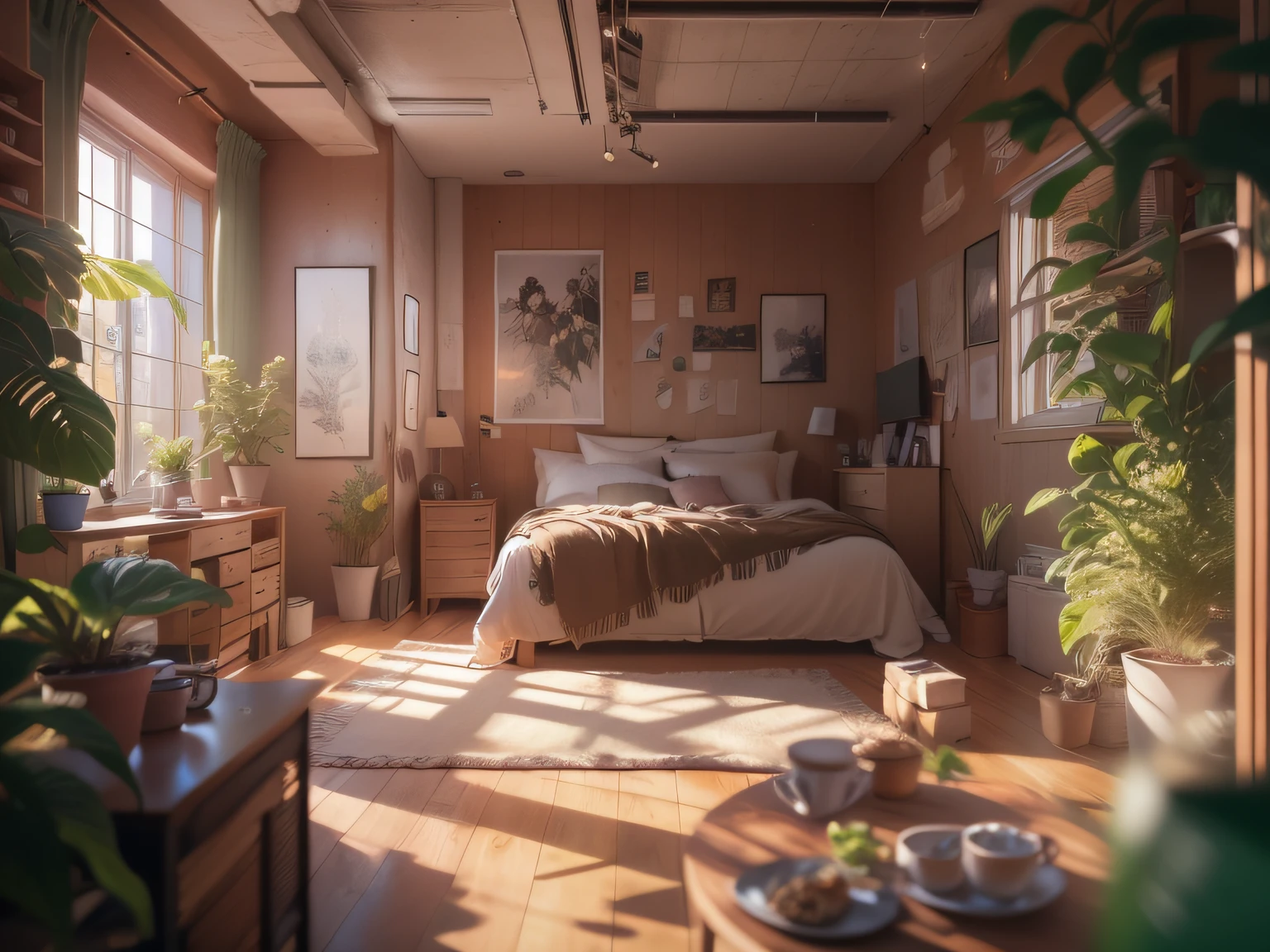 High-detail RAW color photography, Loft-style bedroom interior, (higly detailed, hyper-detailing, Entanglement), (lens glare: 0,7), (bloom: 0,7), particle fx, ray traced, 电影灯光, Shallow depth of field, photographed with Sony a9 II, 50mm wide angle lens, sharp-focus