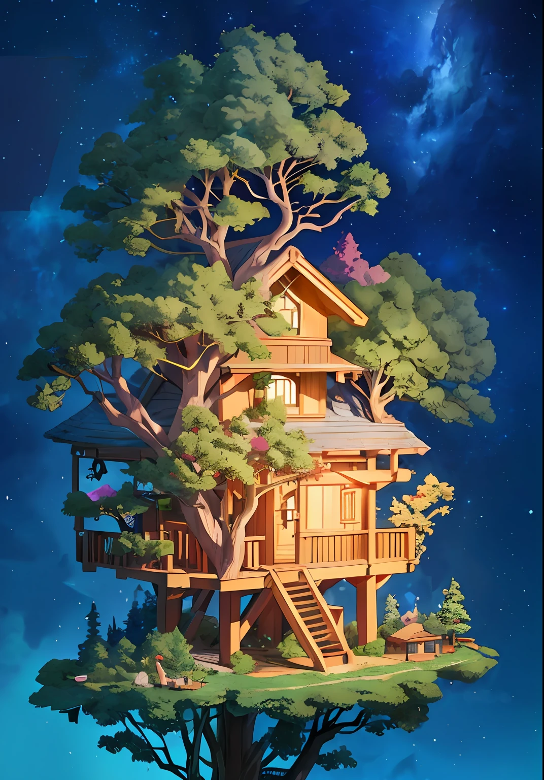 Realistic, Real life, Beautiful little tree house, Night, Stars in the sky, in style of laurie greasley, by Ghibli Studio, Akira Toriyama, James Gilead, Genshin Impact, trending pixiv fanbox, acrylic palette knife, 4K, Vibrant colors, devinert, trending on artstationh