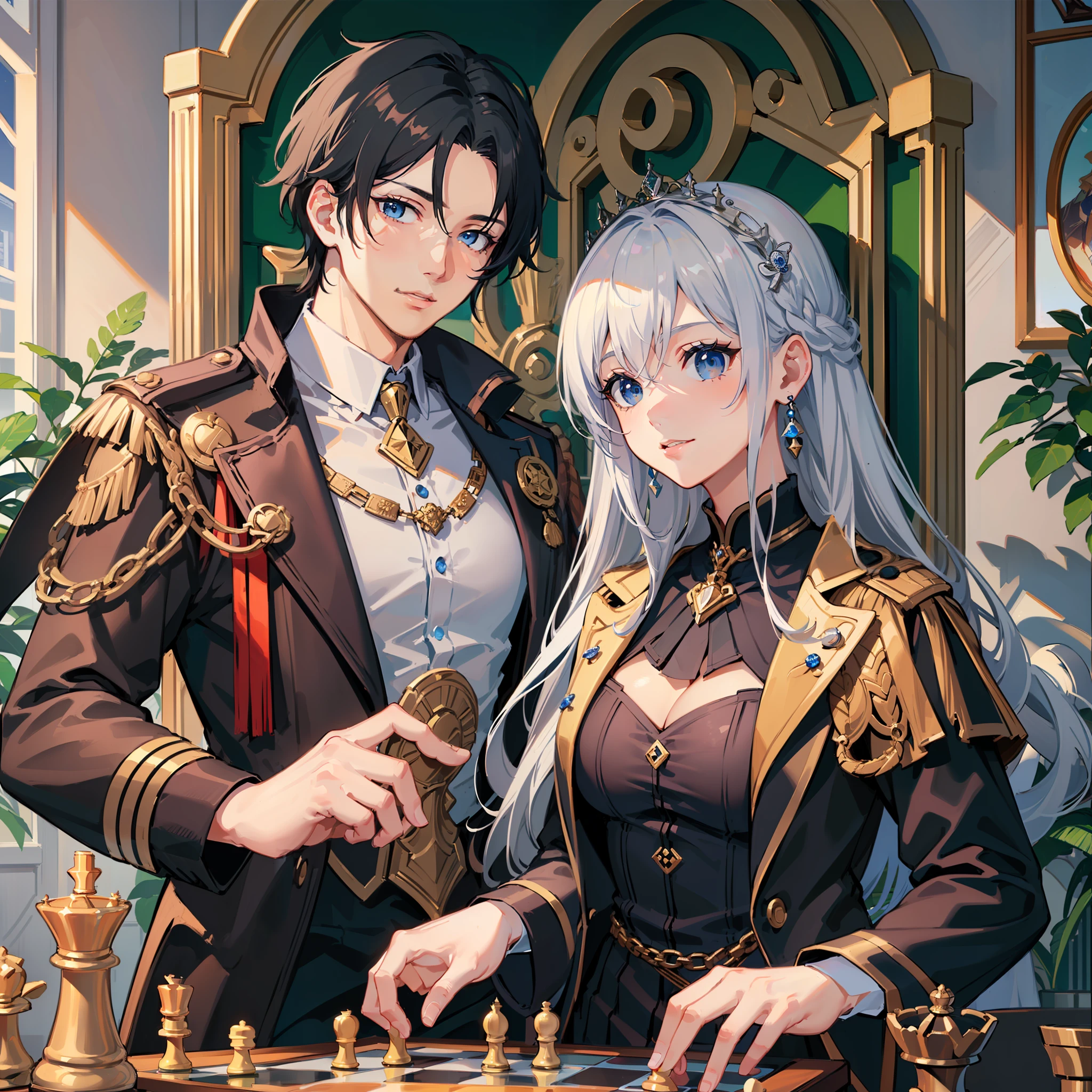 ((Masterpiece: 1.2, top quality, 8k, HD)), ((2 people)), (a couple, a lover, holding hand ((1 female, silver hair, blue eyes (beautiful)), ((chess board)), ((1 male, black hair, blue eyes, handsome, (masculine) ))), ((fmagic academy uniform)), medieval, magic, fantasy vibe, natural smile, soft lighting, chess piecess, detailed accessories, chess symbol badge, for novel cover, big dreamy eyes, chess table, the woman sitting on the throne, the man standing on the back, good proportion, well drawn chess, detailed face, detailed hand, wearing same uniform