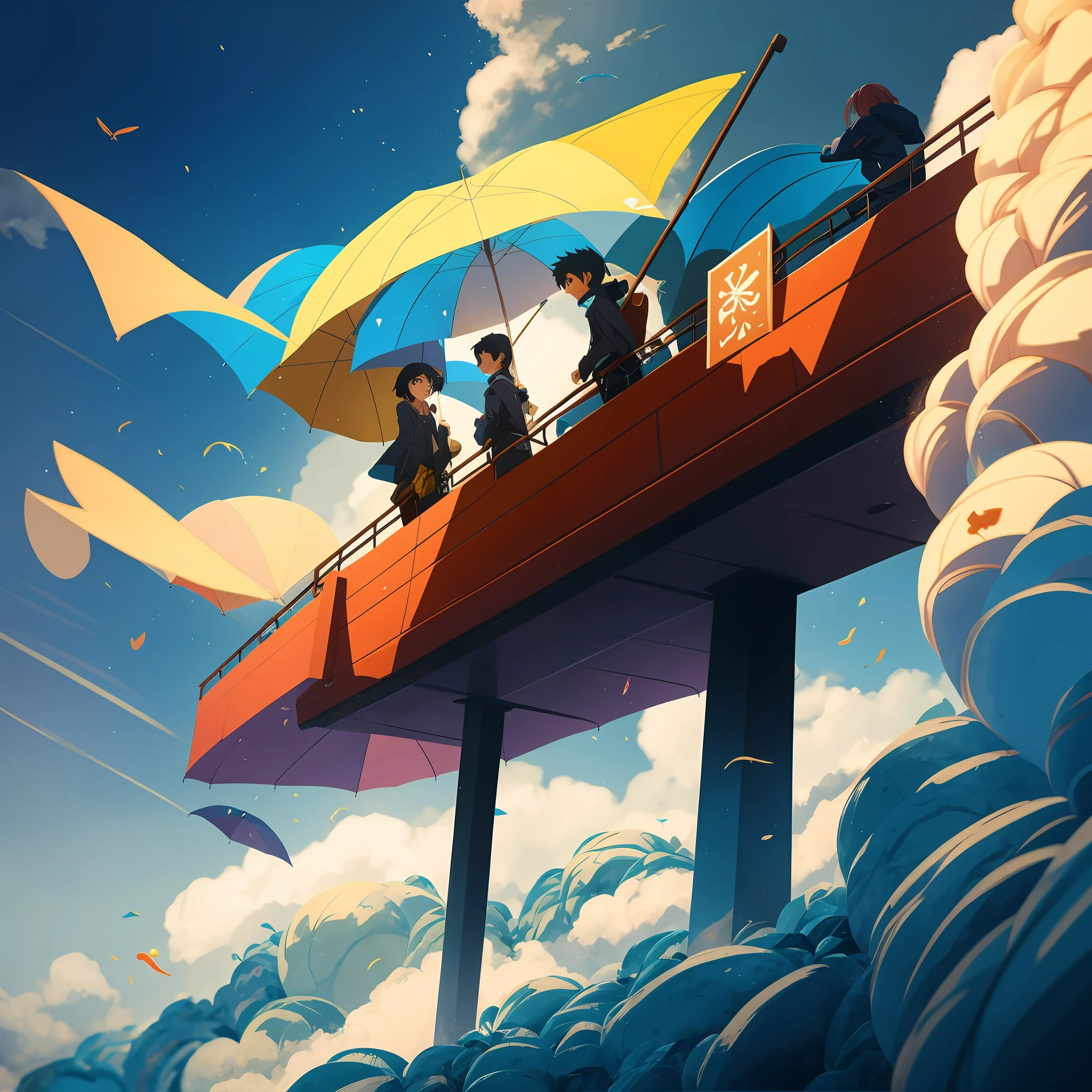 A delicate scene of a group of anime characters holding umbrellas on the bridge，In the style of Cyril Rolando and Goro Fujita，Incorporating Arti Ghailan-style 8K concept art with elements from Atey Ghailan and Shinkai Makoto | Inspiration for RHADS。