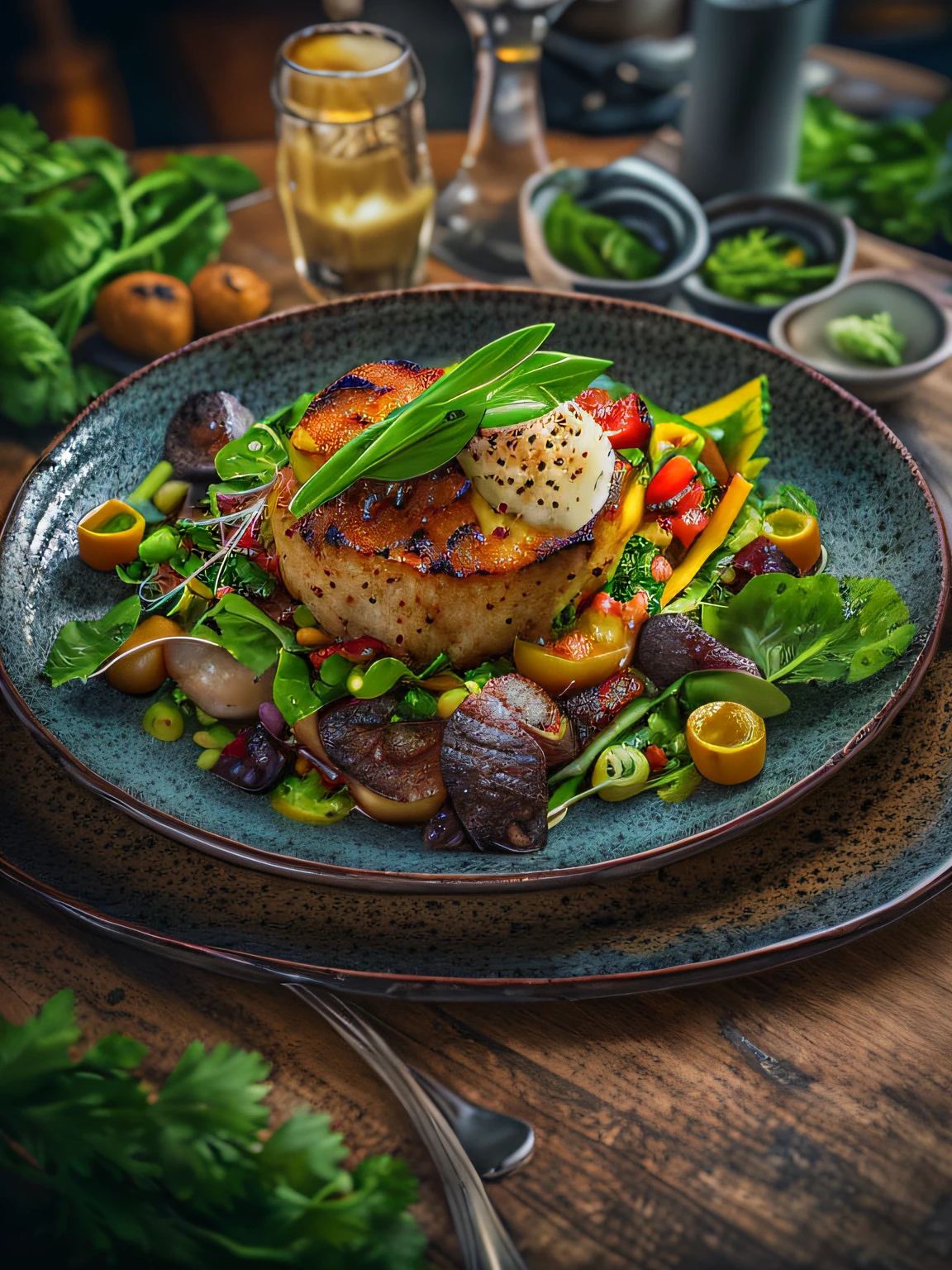 A dish from the chef in the restaurant, with vivid details and high detail, cinematic style with HDR effect, created with Adobe Lightroom.