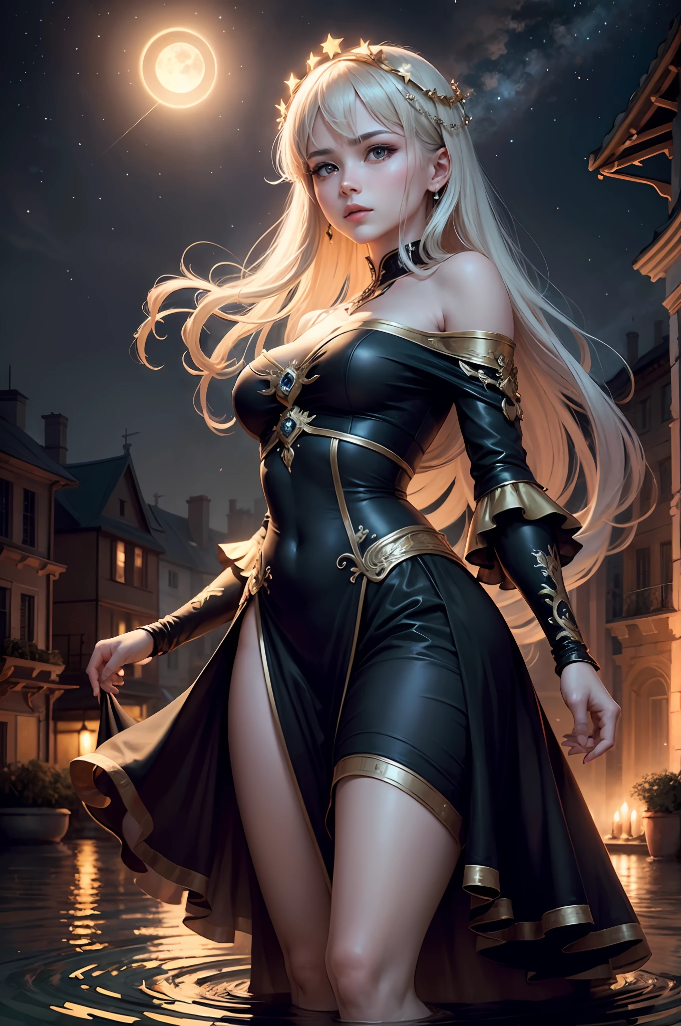 2D original drawing(hoang lap,A high resolution,ultra - detailed),1womanl,a matural female,whaite hair,黑The eye,By bangs,longer sleeves,Fine eyes and detailed face,the Extremely Detailed CG Unity 8K Wallpapers,Complicated details,looking-down,,dynamicposes,floated hair,Classical era,(Ancient Roman theme:1.1),Roman mythology, ancient themes, (Prosperous Civilization:1.1),, the night, darkly, As estrelas, The halo of light, majestic atmosphere, afloat --auto