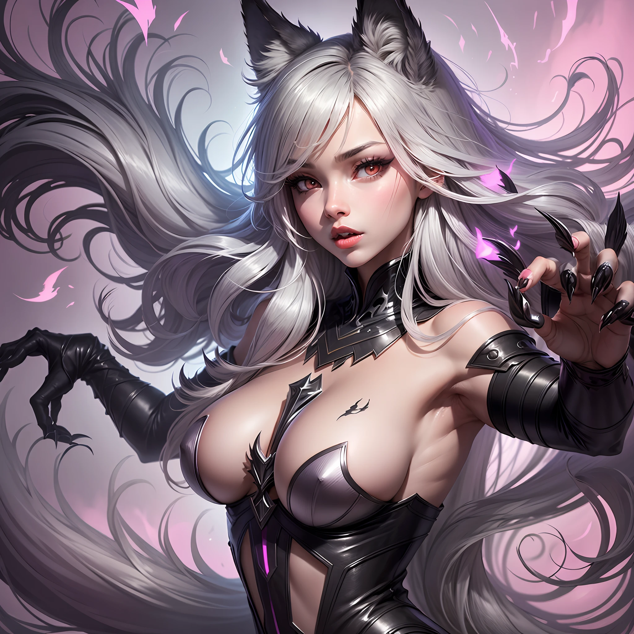 female body wolf, purple fur, long silver claws, arms outstretched, howl humain face, black skin, pink eyes, pink lips, prominent silver canine --auto --s2
