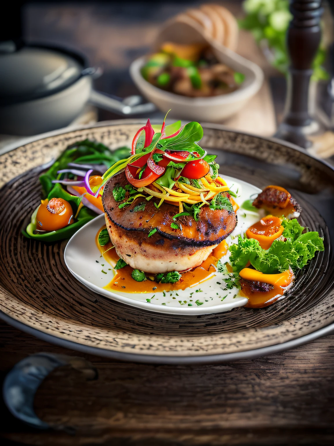 A dish from the chef in the restaurant, with vivid details and high detail, cinematic style with HDR effect, created with Adobe Lightroom.
