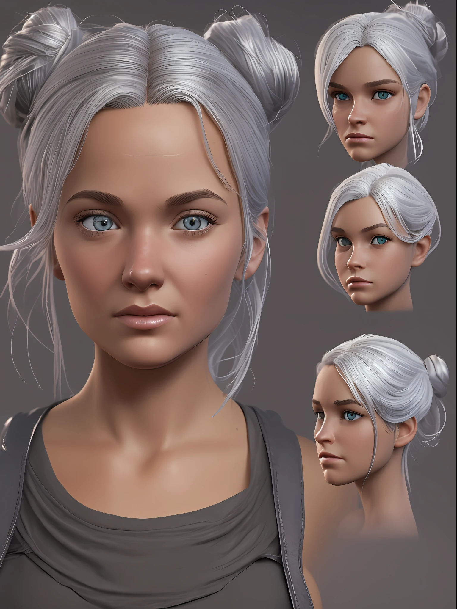 A 3D Pixar style Animation character development, featuring of a young woman with hazel eyes with silver hair in bun, character spread sheet, blueprint, 3D realistic render, high resolution texture, dramatic lighting, expressive caricature, strong facial expression, dramatic intense perspective --auto --s2