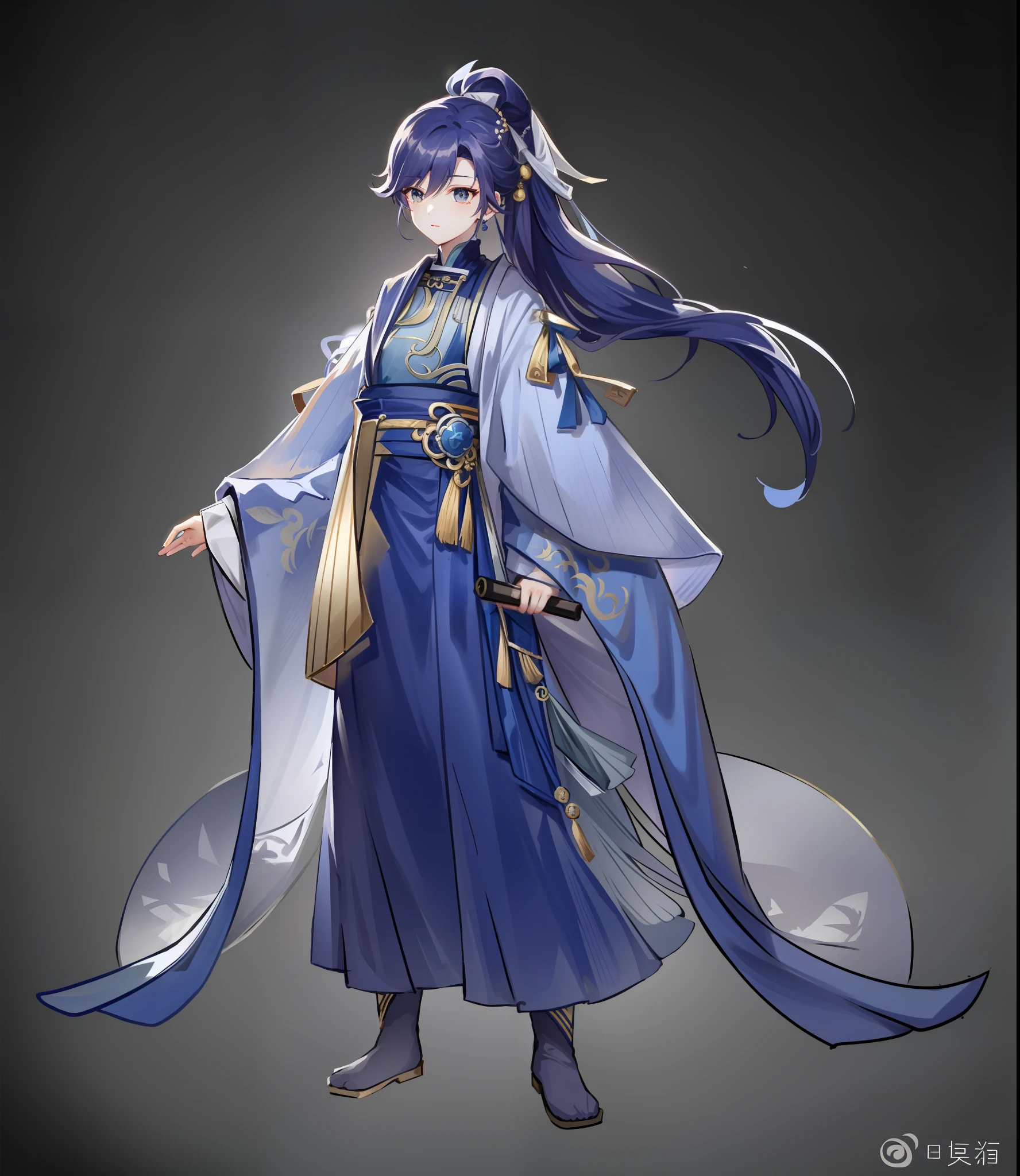 The man in the image of Arad wears a blue and white dress，full-body xianxia，Moon-themed costumes，Wear long, fluent clothes，full-body wuxia，Kurose Jinyao，palaces，A girl in Hanfu，flowing magical robe，flowing hair and long robes，Onmyoji detail art，wearing a long flowing robe