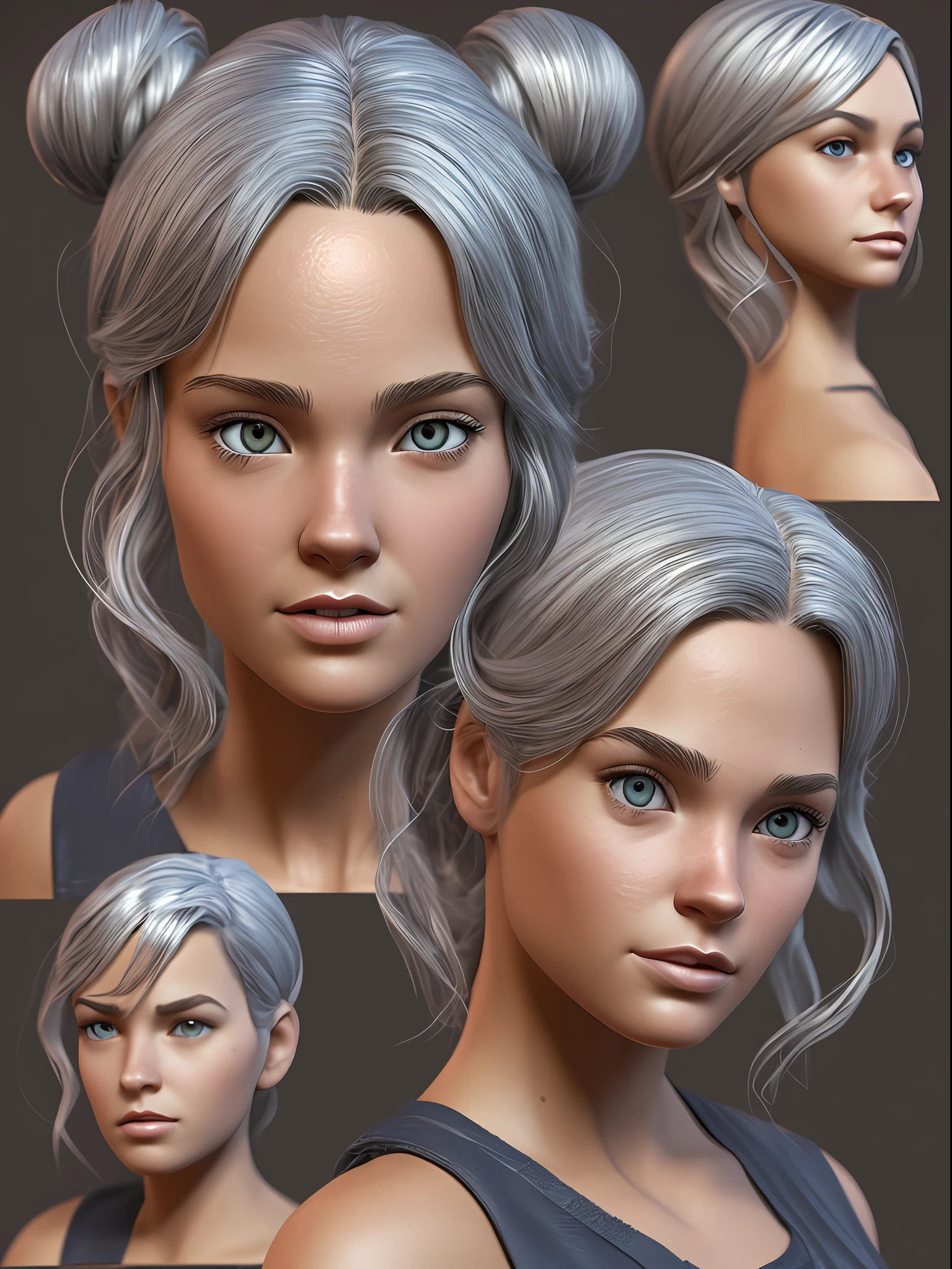 A 3D Pixar style Animation character development, featuring of a young woman with hazel eyes with silver hair in bun, character spread sheet, blueprint, 3D realistic render, high resolution texture, dramatic lighting, expressive caricature, strong facial expression, dramatic intense perspective --auto --s2