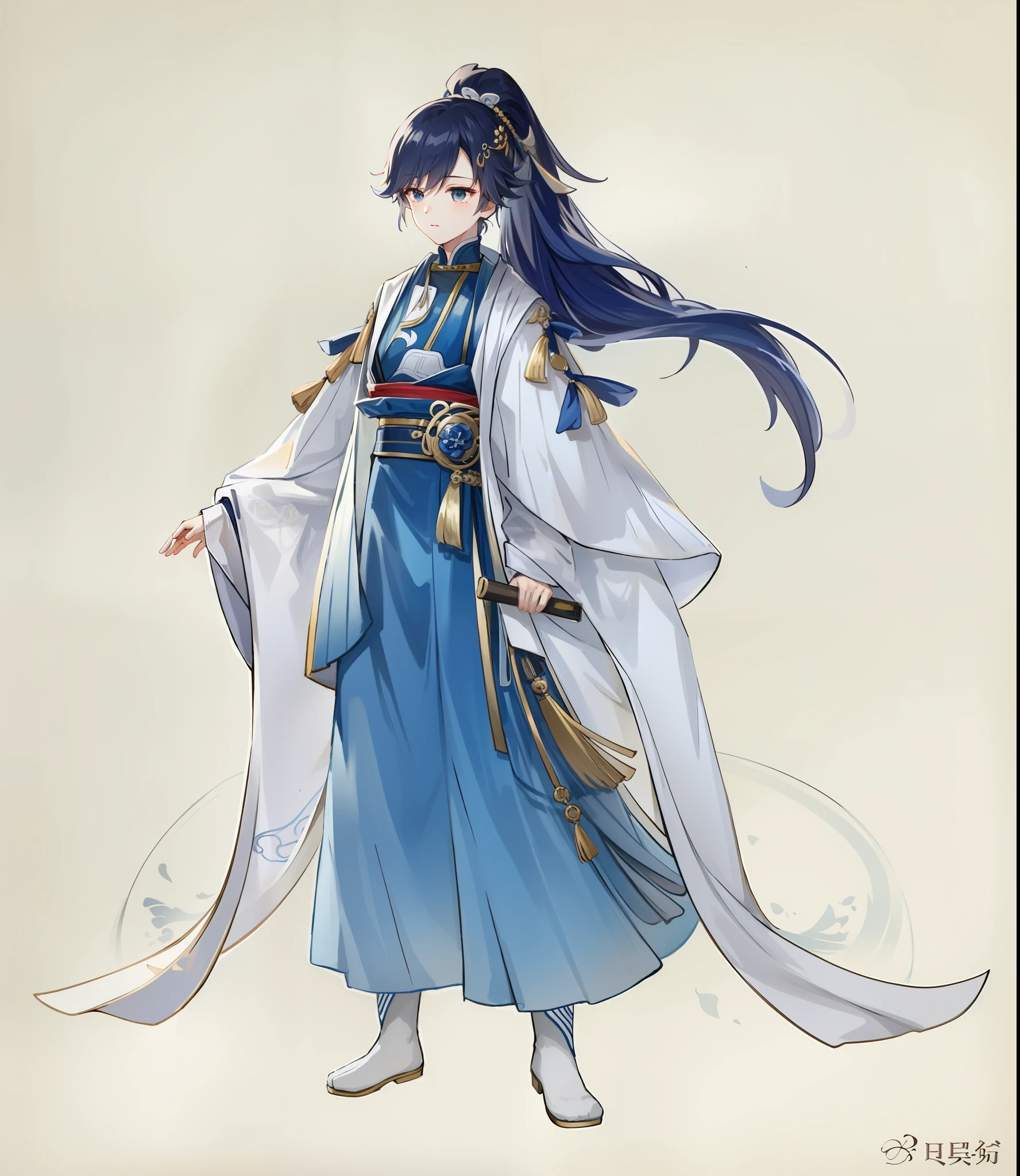 The man in the image of Arad wears a blue and white dress,full-body xianxia,Moon-themed costumes,Wear long, fluent clothes,full-body wuxia,Kurose Jinyao,palaces,A girl in Hanfu,flowing magical robe,flowing hair and long robes,Onmyoji detail art,wearing a long flowing robe