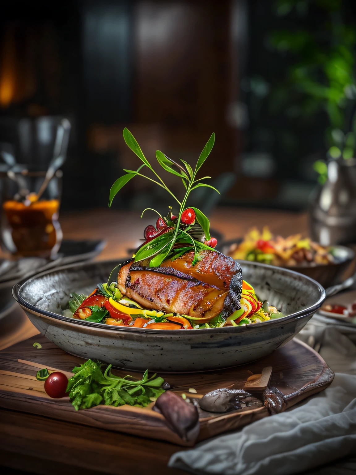 A dish from the chef in the restaurant, with vivid details and high detail, cinematic style with HDR effect, created with Adobe Lightroom.