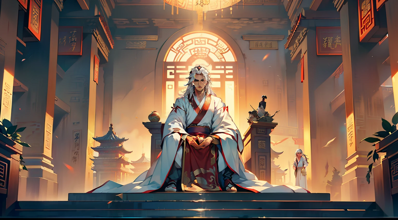 12, (2 people) (boy, ((white Hanfu youth)), (((Long white hair))), kingly air, gorgeous, handsome, outstanding temperament, sitting on the sacred throne, took action, his figure moved, and hundreds of people from the Ye family fell one after another) (Background: Inside the sacred and magnificent ancient Chinese imperial palace).