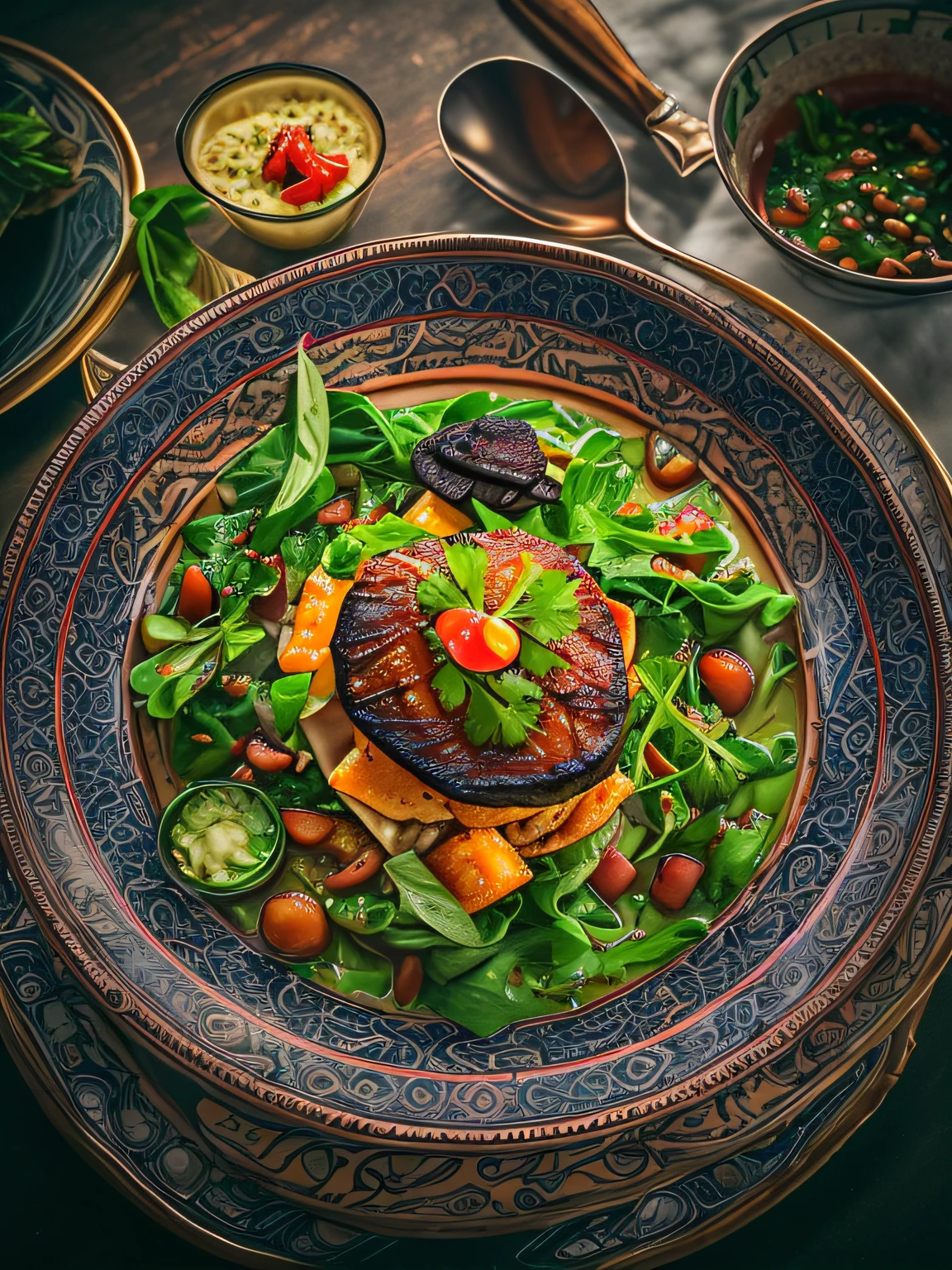 A dish from the chef in the restaurant, with vivid details and high detail, cinematic style with HDR effect, created with Adobe Lightroom.
