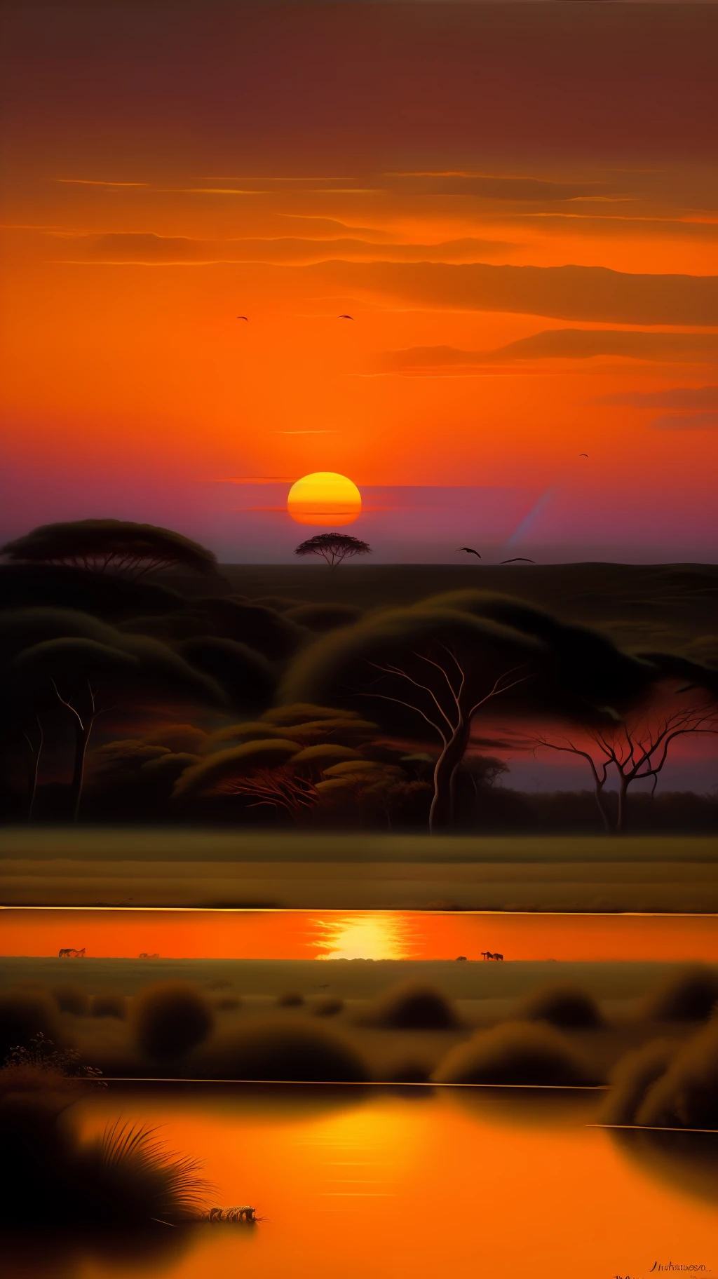 detailed Safari Sunset against a black backdrop by martin johnson heade, artstation