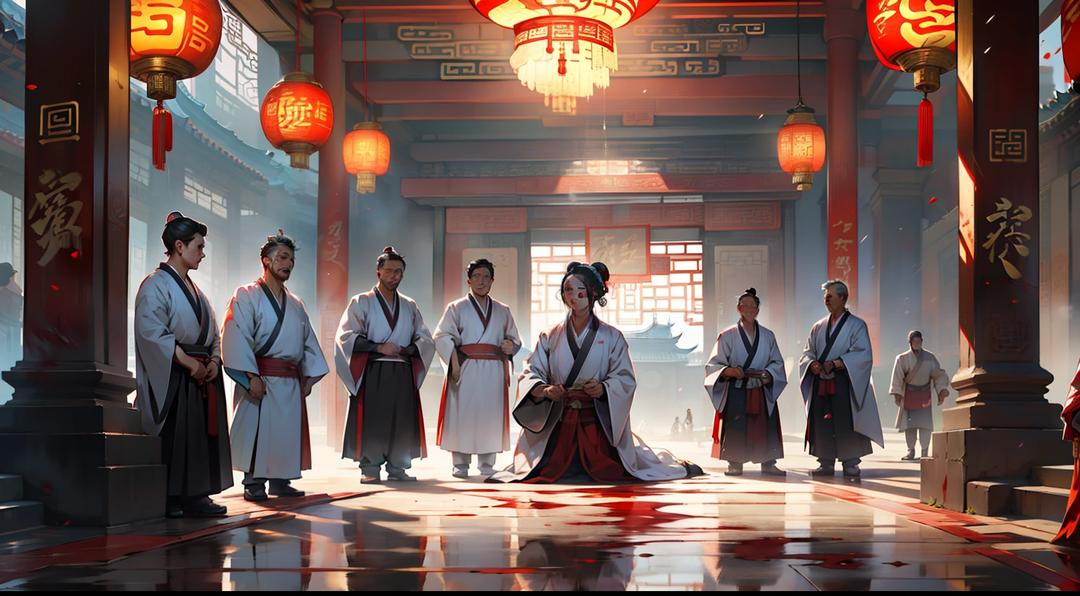 13, (multiple people) (a group of middle-aged people dressed in black Hanfu fell to the ground, with a lot of blood on the ground) (Background: Inside the sacred and magnificent ancient Chinese imperial palace).