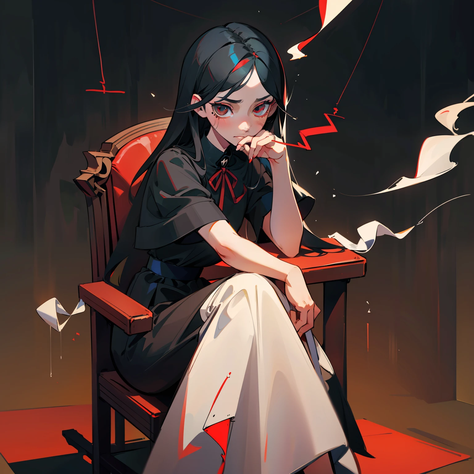 A girl with long black hair,Wears white short sleeves,black long dress,Expose your ears,eye detailed,Maintain the shape of your eyes,holding a pudica pose,Hand detail,Cigarette details,Five fingers,There are long red ribbons on the ears,cigarette in his hand,sit on chair,Hang your eyes,The expression is grim,Persona diagram,Single background,Singlelightsource,Detail portrayal,A masterpiece,