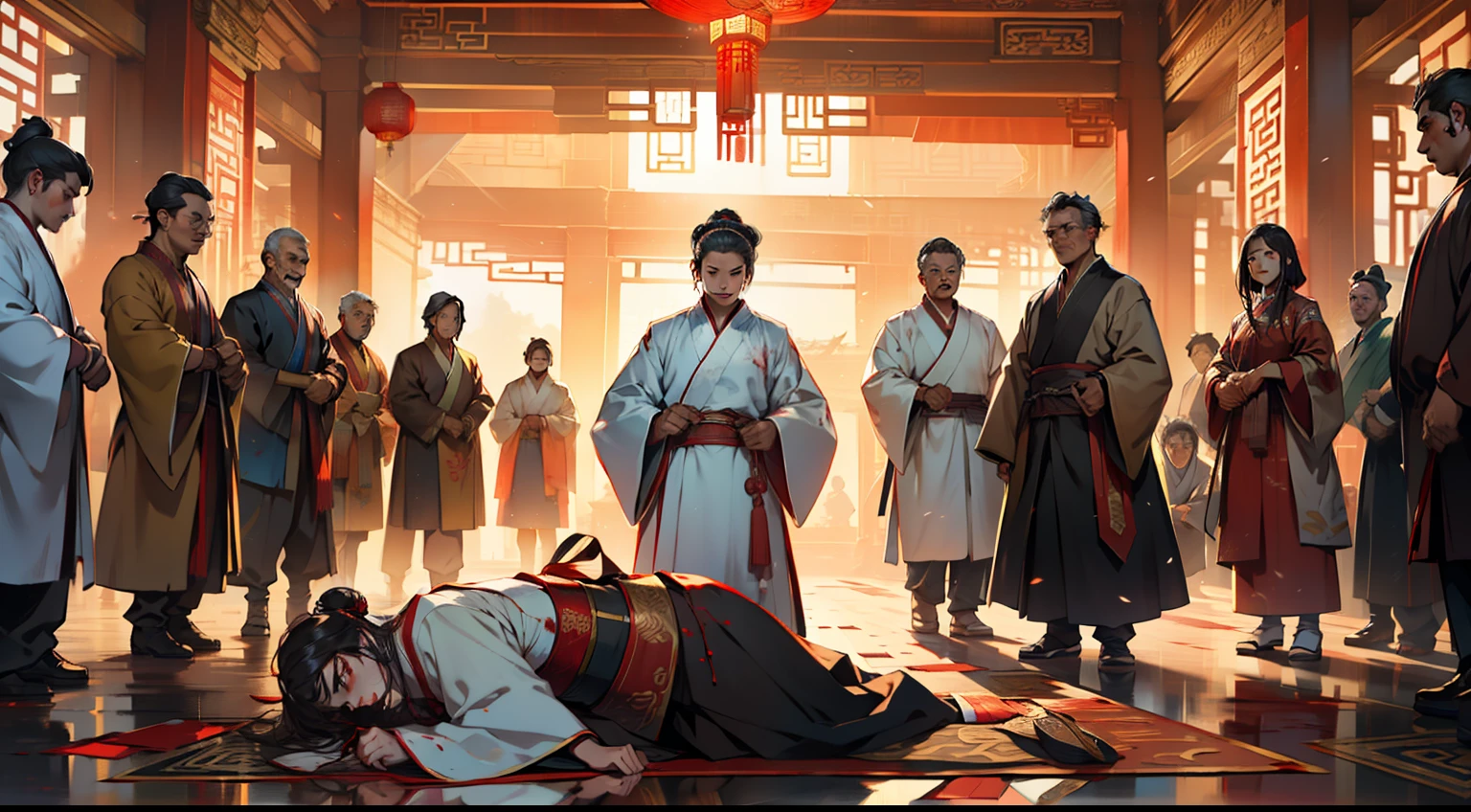 13, (multiple people) (a group of middle-aged people dressed in black Hanfu fell to the ground, with a lot of blood on the ground) (Background: Inside the sacred and magnificent ancient Chinese imperial palace).