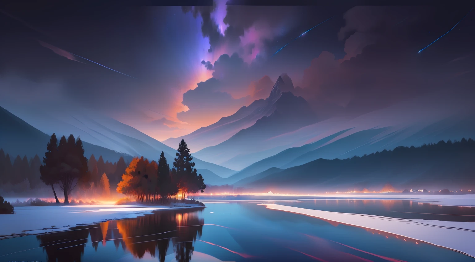 Anime scenery with a lake with mountains and a sky with stars, calm evening. Digital illustration, Beautiful art UHD 4 K, 4k highly detailed digital art, Anime landscape, anime landscape wallpapers, 4 k hd illustrative wallpaper, 4 k hd wallpaper illustration, 8K HD wallpaper digital art, serene illustration, style of anime4 K, anime beautiful peace scene