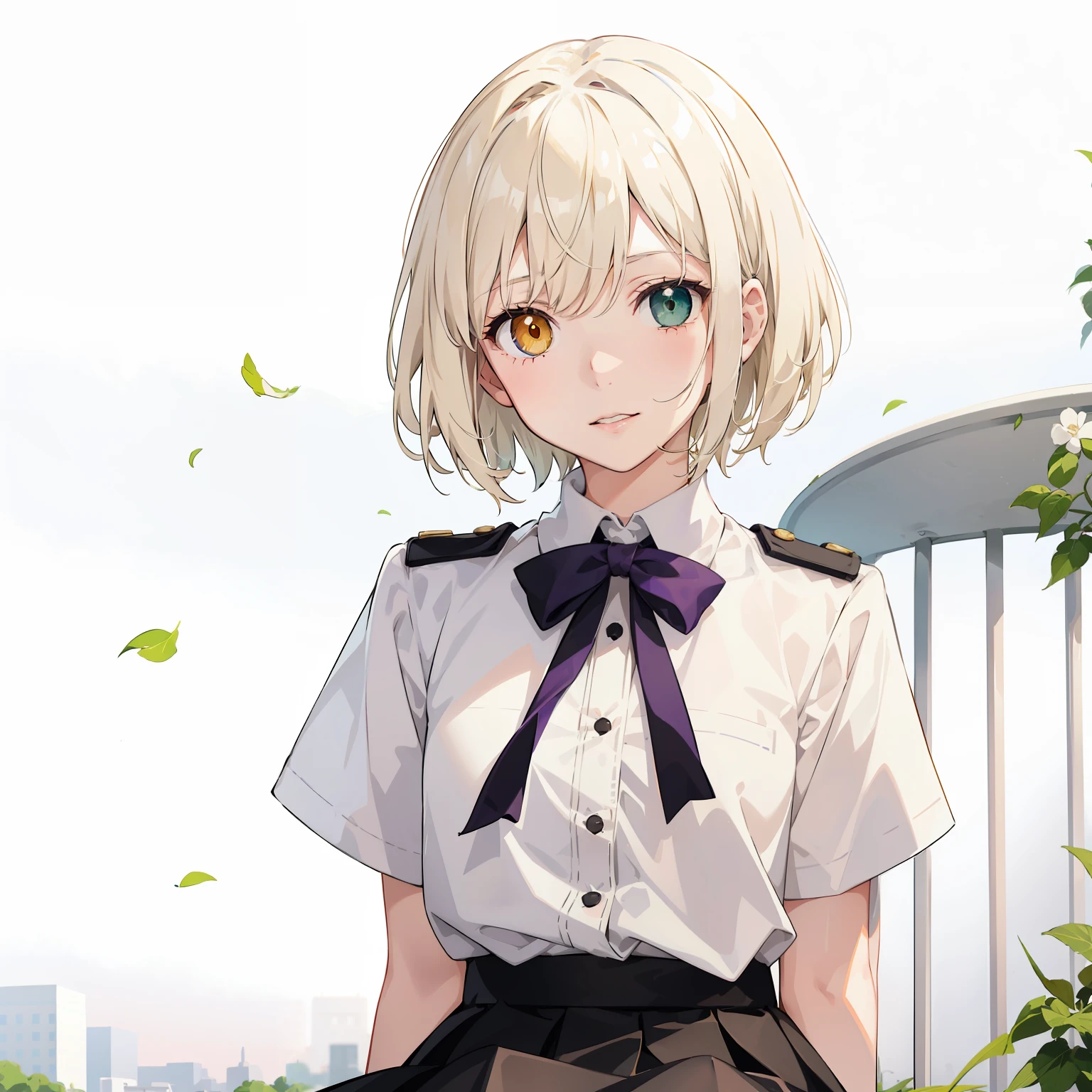1 girl, solo, (light blonde/white short hair), (short hair), heterochromia, (right green eye), (left purple eye), white uniform, white shirt, black skirt, black long skirt, half body, sitting on a park bench, sitting on bench, park background, park, beautiful