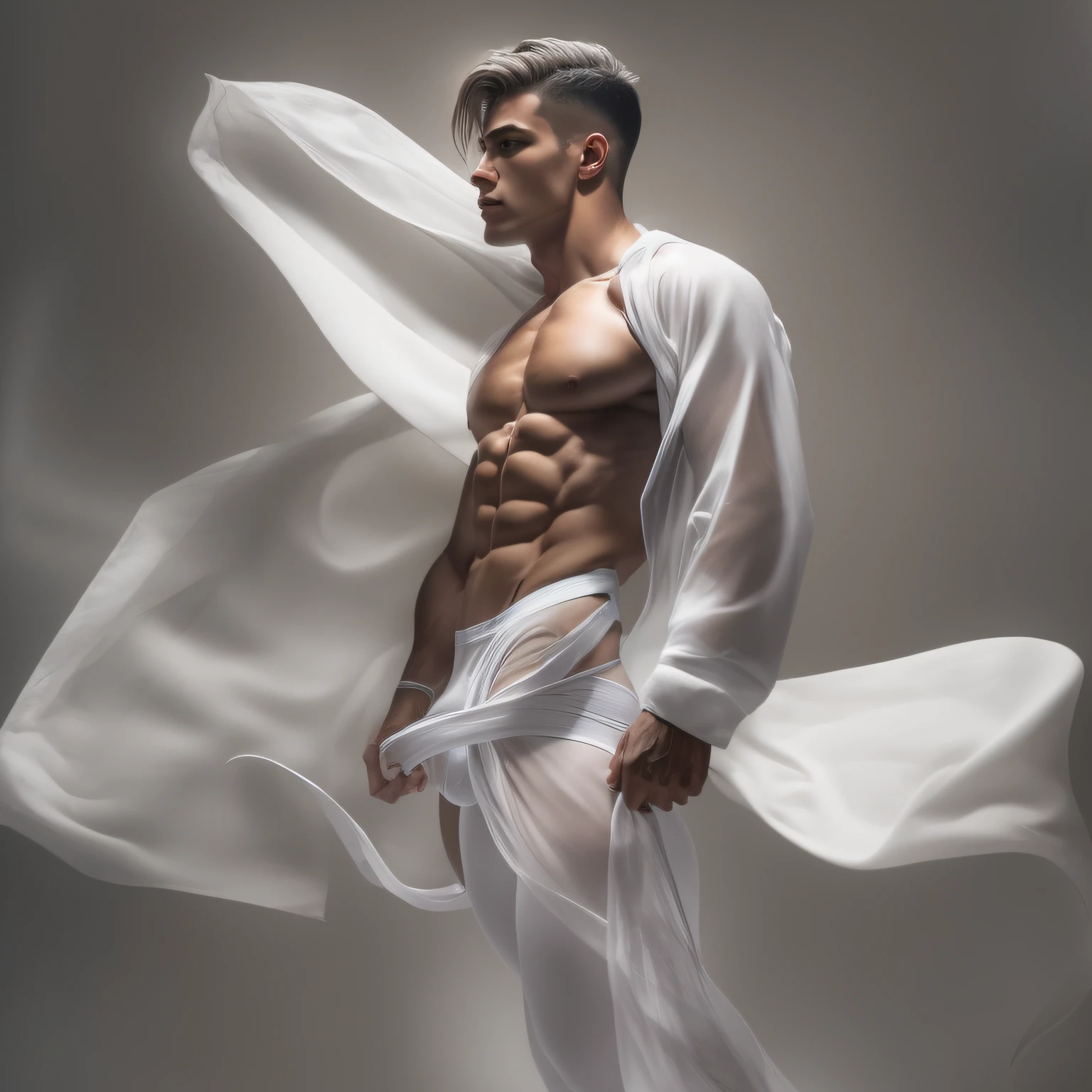 "Athletic Adonis with chiseled physique and a slim waist, naked, wearing a white jockstrap, an endless flowing white ribbon wraps parts of his body tightly, alone against a subtle backdrop, captured from a low-angle perspective, dynamic pose."