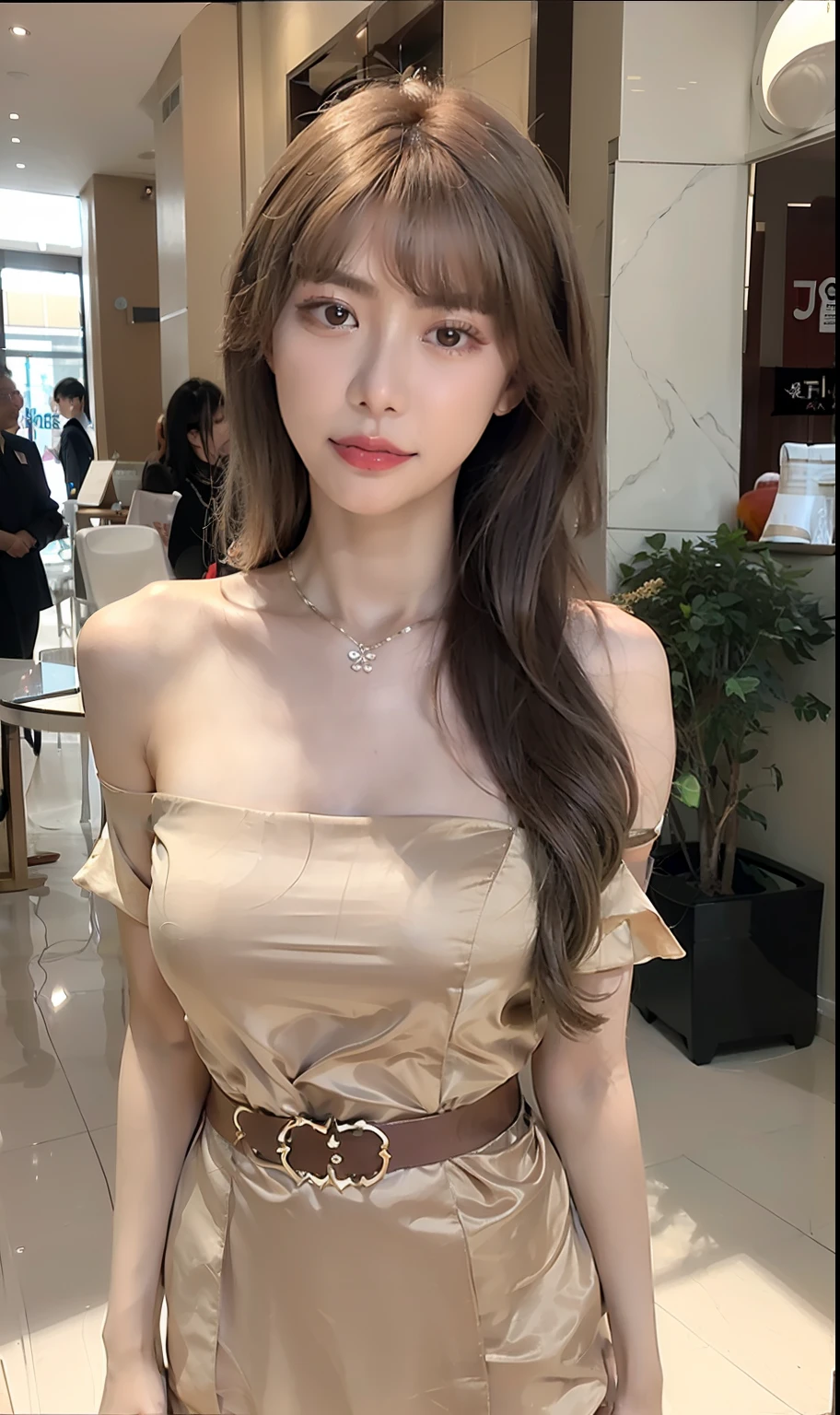 Arakfi woman in beige dress poses for a photo, Gorgeous young Korean woman, hot with shining sun, jaeyeon nam, height of 165cm, tall thin beautiful goddess, 155 cm tall, Choi Hyun-hwa, Bandeau Dress, pale milky white porcelain skin, beautiful Korean women, wide neck, korean women's fashion model