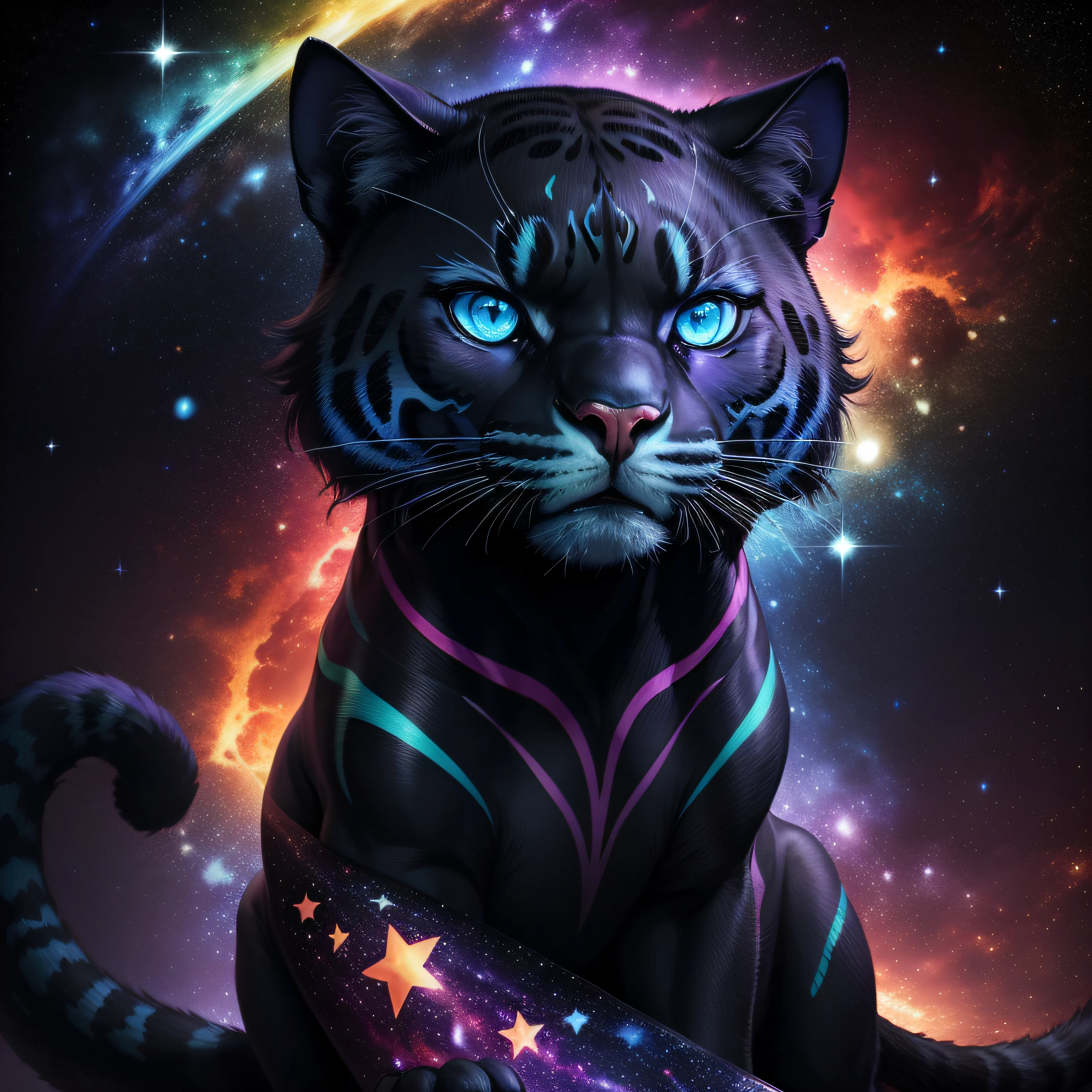 a rainbow colored panther, rainbow colored cosmic nebula background, stars, galaxies