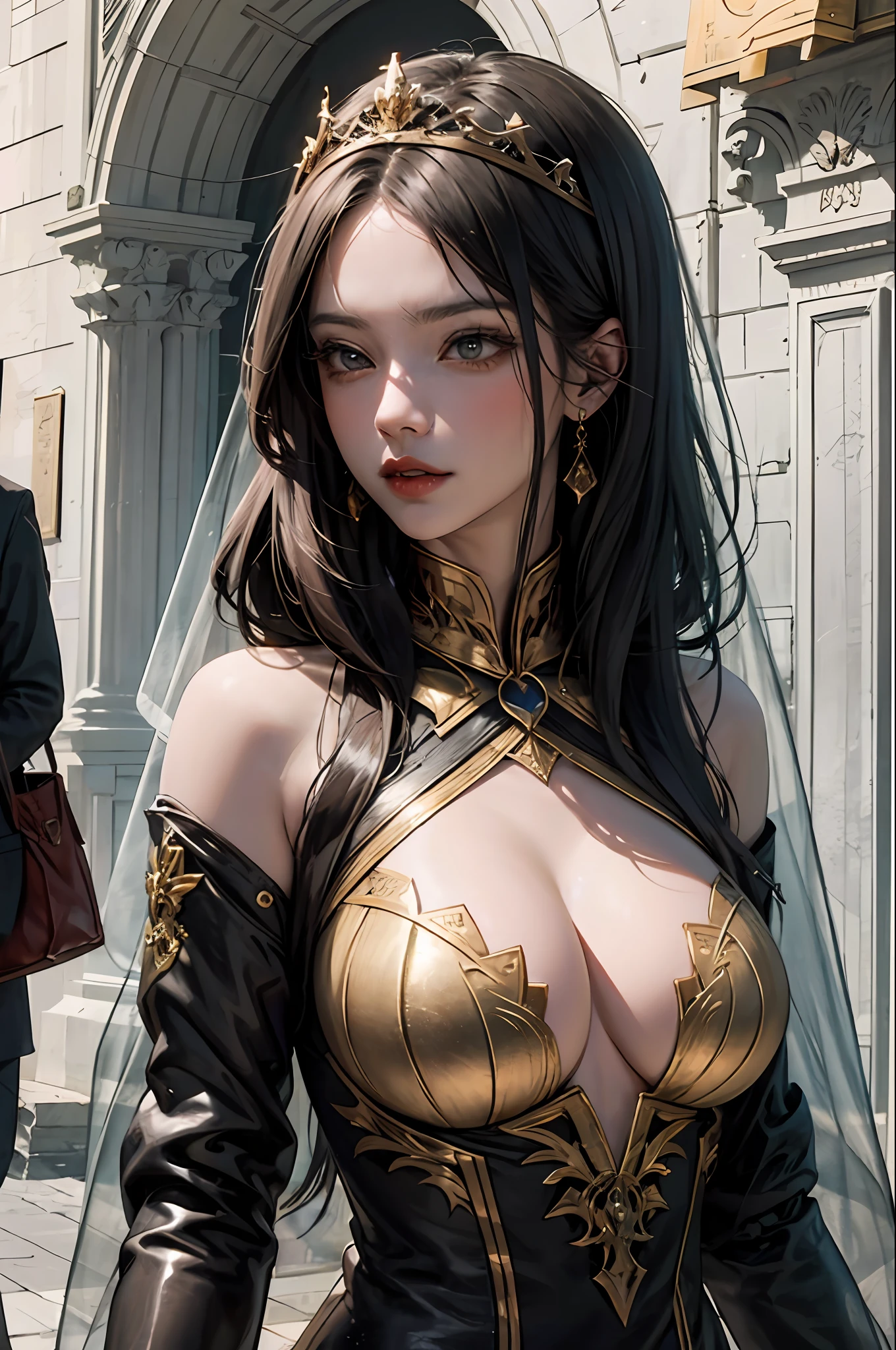 （tmasterpiece，top Quority，best qualtiy，offcial art，Beautiful and aesthetic：1.2），（1girl），Extremely detailed，Colorful，highestdetailed，offcial art，统一 8k 壁纸，ultra - detailed，tiara crown，Veil，Beautiful and aesthetic，big breasts beautiful，tmasterpiece，best qualtiy，（zentangle，datura，Tangles，entangled），holy rays，gold foil，Gold leaf art，glitter drawing，PerfectNwsjMajic