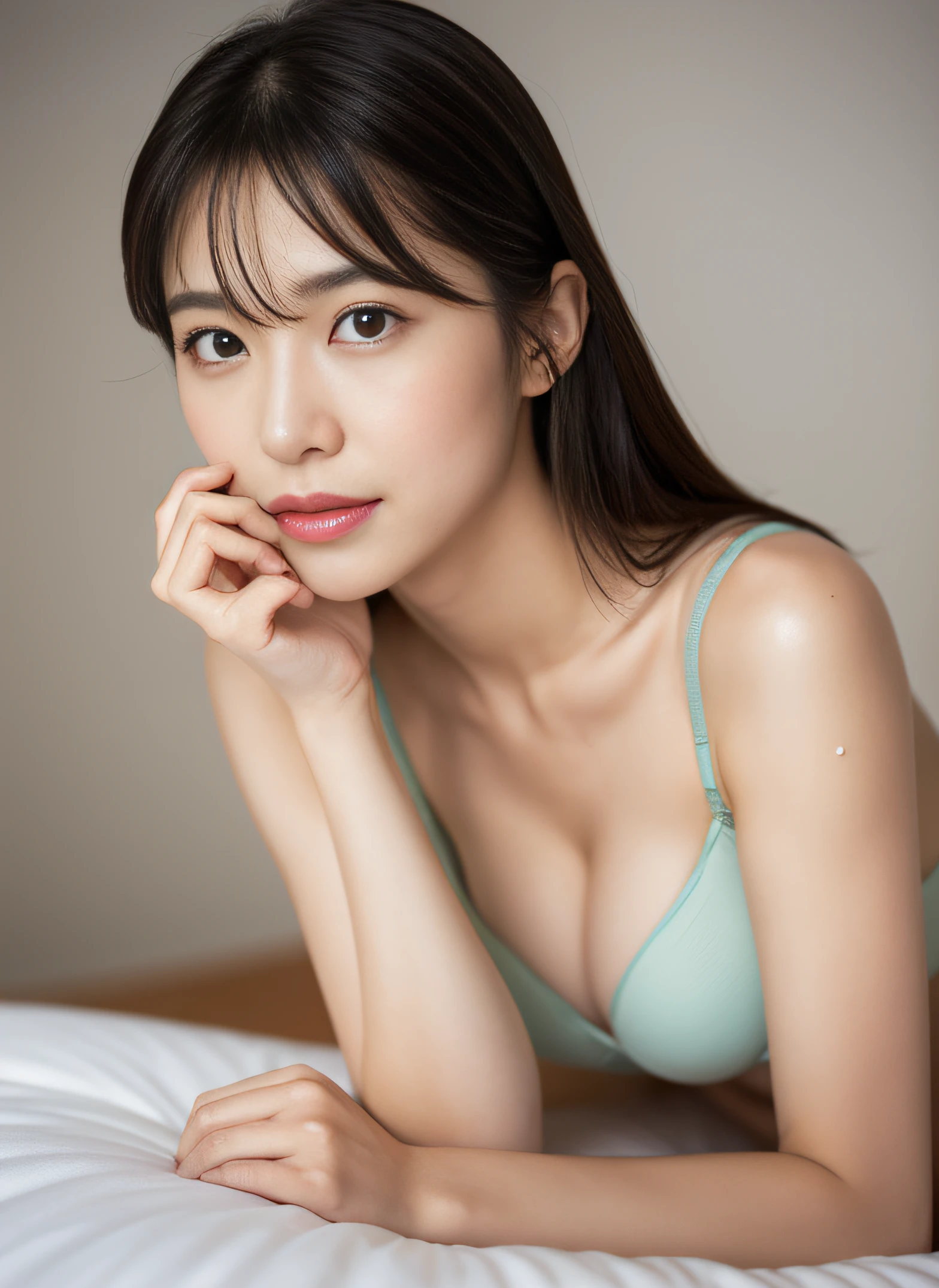 A woman who is,8k,RAW photos,(top Quority,tmasterpiece,complexdetails:1.5),(realisticlying,realisticlying:1.3),realisticlying,(Woman lying in bed:1.8)),(BDAM:1.5),(Hands tied:1.5),(beautiful like a Japanese actress),(Anatomical posture:1.5),(light colored underwear),(light colored underwear),(Underwear that is wet with sweat and exposed through the skin), Lingerie that sticks to the skin wet with sweat, (Wet hair), (wet bangs), Wet skin, 30 age old, (petty face: 1.5), (Sexy expression), (Optimistic face), Light makeup, tthin eyebrows, Detailed and beautiful face, Detailed eyes, (tear bag: 1.5), detailed finger, Detailed legs, Detailed skins, Large breasts, Shiny hair, Glossy glossy skin,The clothes are very see-through