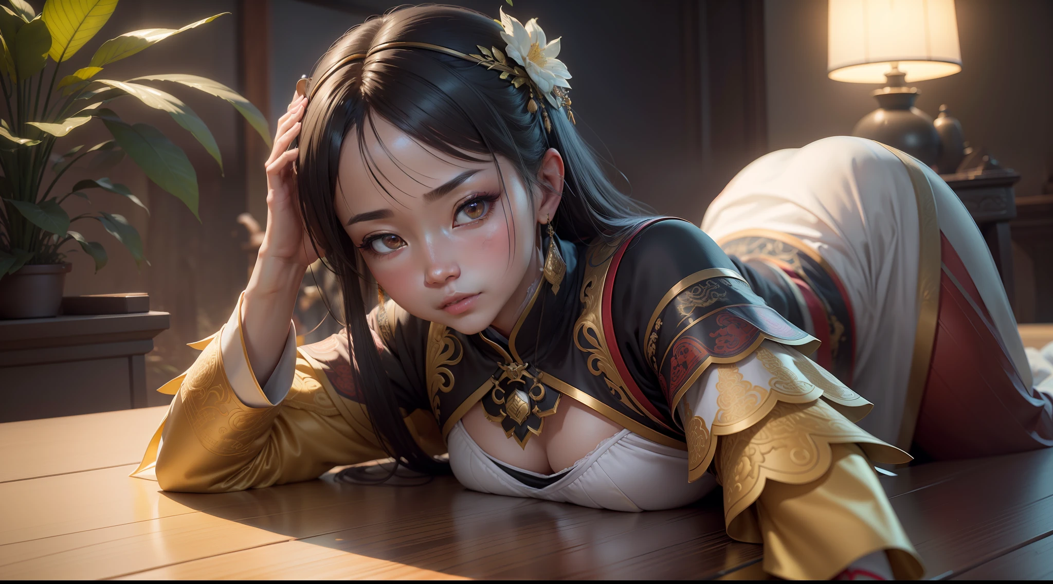((best qualtiy)), ((tmasterpiece)), (the detail:1.4), 3D, A beautiful image of a woman in Chinese costume,HDR(HighDynamicRange),Ray traching,NVIDIA RTX,Super-Resolution,Unreal 5,Subsurface scattering、PBR Texture、post-proces、Anisotropy Filtering、depth of fields、maximum definition and sharpness、Many-Layer Textures、Albedo e mapas Speculares、Surface Coloring、Accurate simulation of light-material interactions、perfectly proportions、Octane Render、Two-colored light、largeaperture、Low ISO、White balance、the rule of thirds、8K RAW、