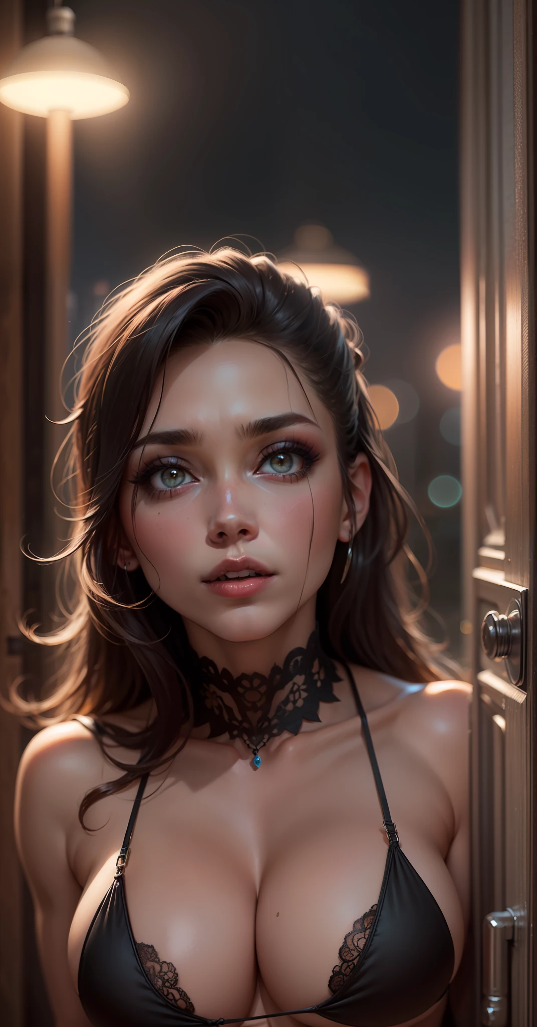 16K, RTX, HDR, extremely high details, intricate, professional makeup, closeup shot, best quality, masterpiece, night time, 1woman, solo, mature, cool, edgy, muscular, sexy  micro bikini top, glowing eyes,  long hair, smooth skin, big boobs, cleavage, ((extremely slutty)).