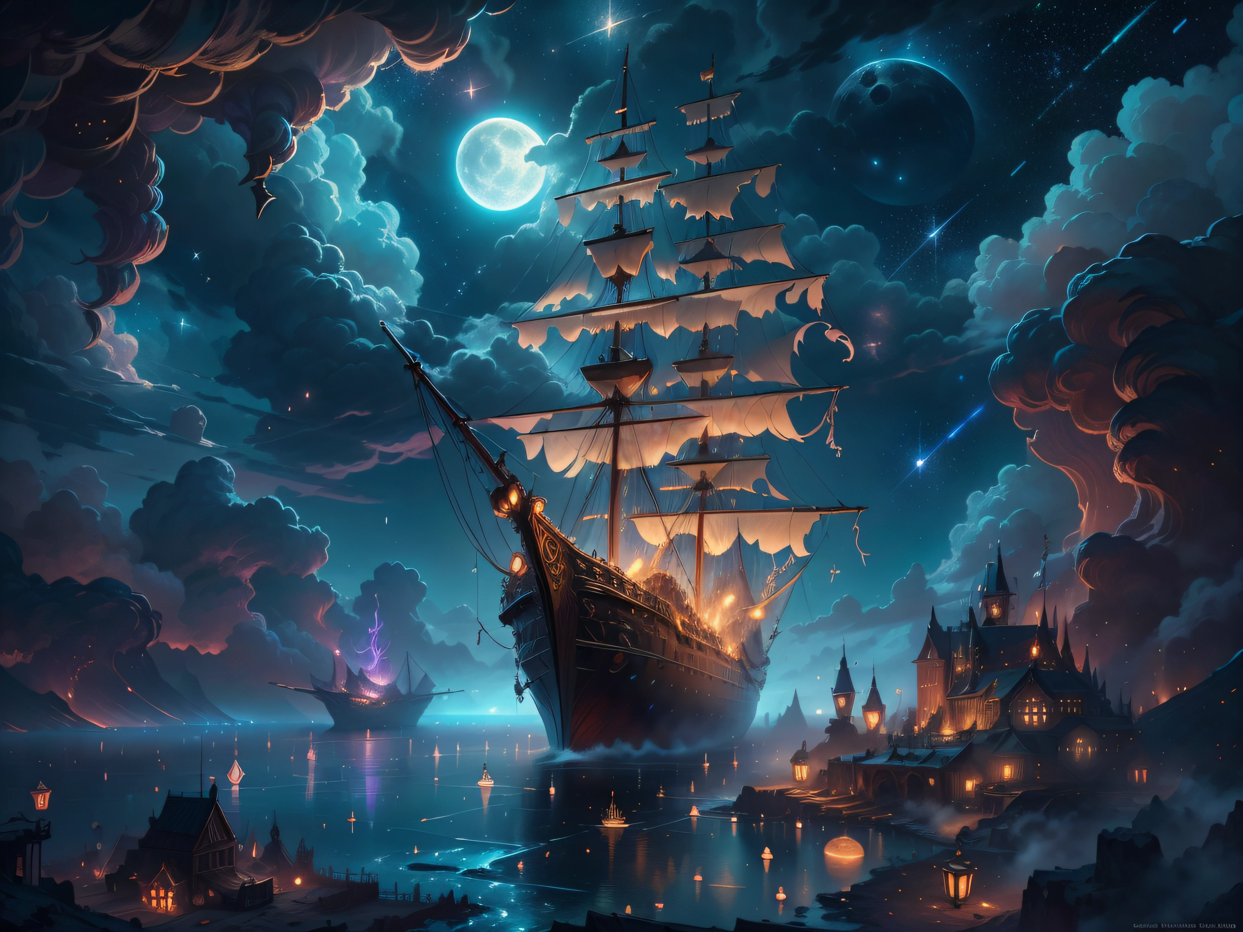 Painting of flying pirate ship surrounded by little fairies, meteor shower, clouds, full moon, stars in background, fantasy, highly detailed digital art in 4K, high quality detail art in 8K, in the style of Cyril Roland, detailed fantasy digital art, epic fantasy science fiction illustration, amazing wallpaper, inspired by Gaston Bussiere --auto --s2