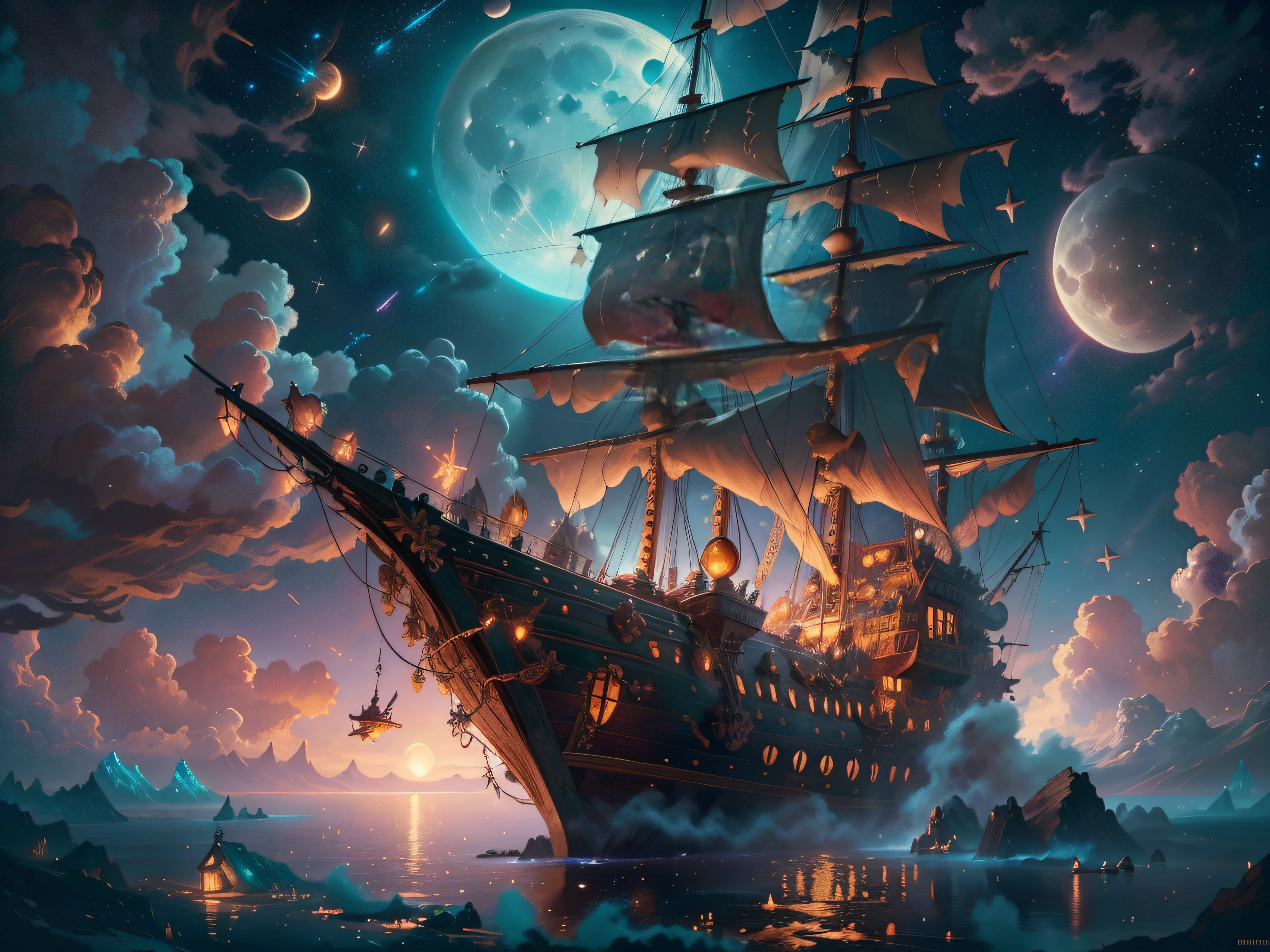 Painting of flying pirate ship surrounded by little fairies, meteor shower, clouds, full moon, stars in background, fantasy, highly detailed digital art in 4K, high quality detail art in 8K, in the style of Cyril Roland, detailed fantasy digital art, epic fantasy science fiction illustration, amazing wallpaper, inspired by Gaston Bussiere --auto --s2