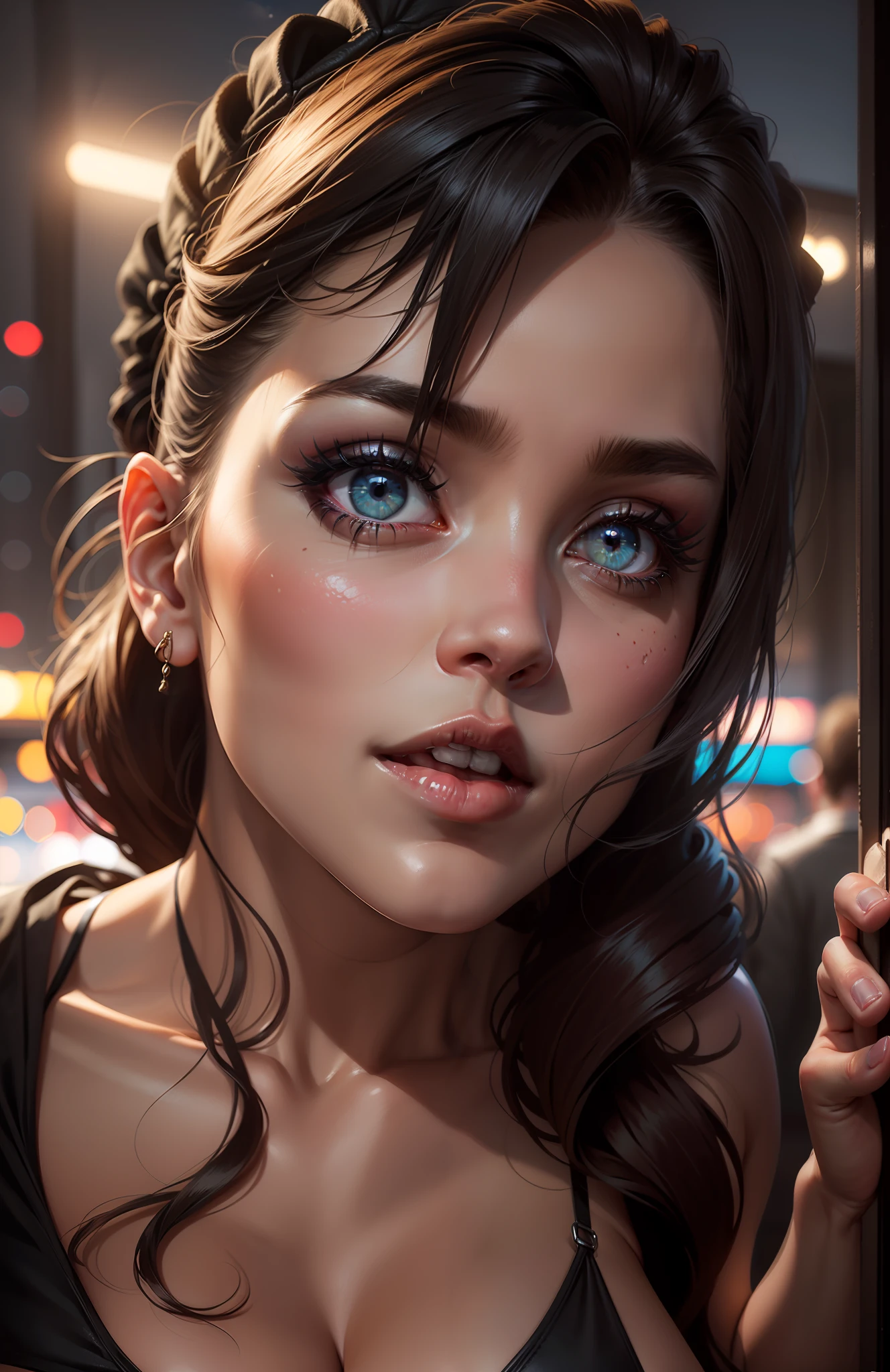 16K, RTX, HDR, extremely high details, intricate, professional makeup, closeup shot, best quality, masterpiece, night time, 1woman, solo, mature, cool, edgy, muscular, sexy micro bikini top, glowing eyes, long hair, smooth skin, big boobs, cleavage, ((extremely slutty)).
