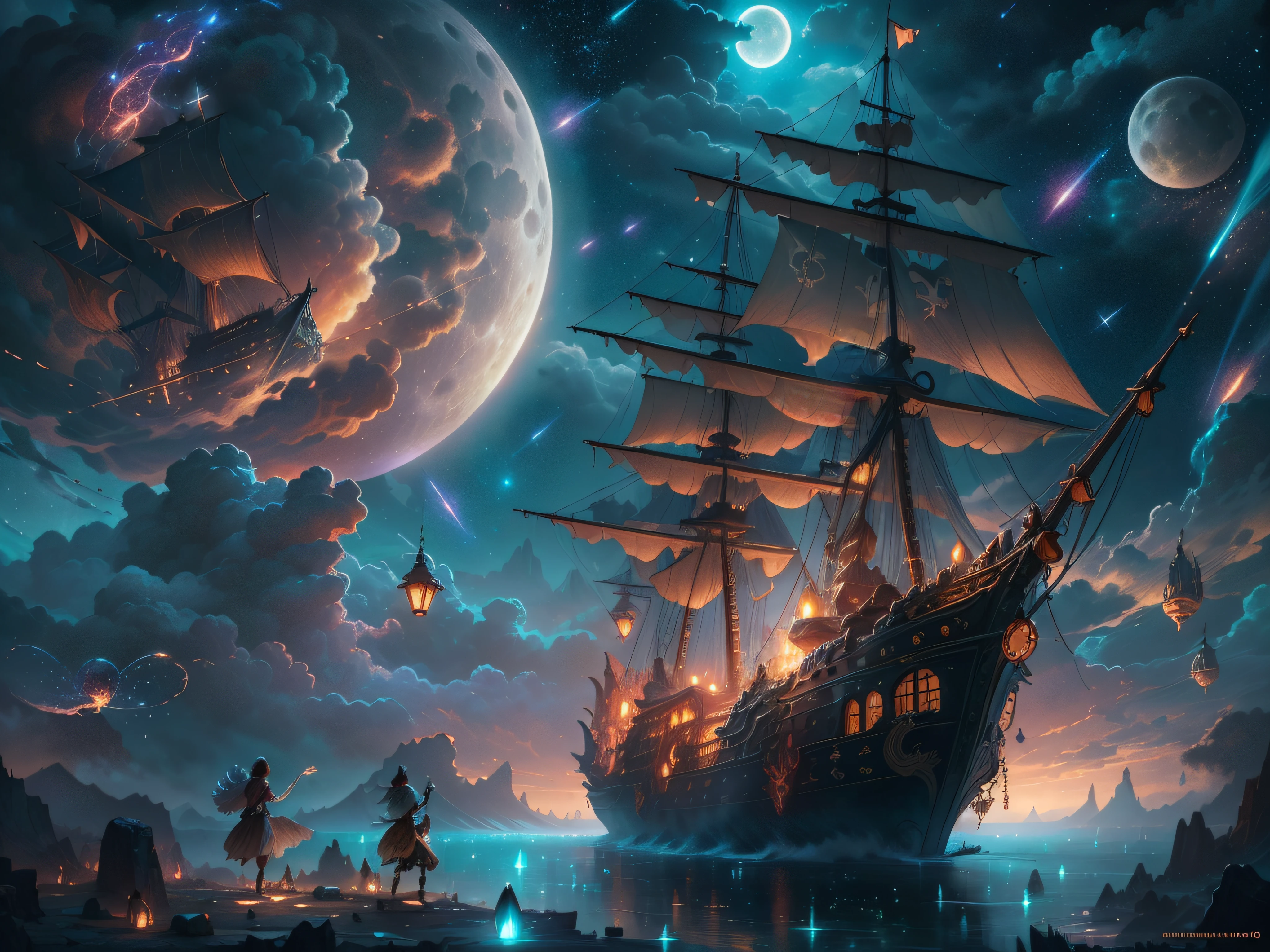 Painting of flying pirate ship surrounded by little fairies, meteor shower, clouds, full moon, stars in background, fantasy, highly detailed digital art in 4K, high quality detail art in 8K, in the style of Cyril Roland, detailed fantasy digital art, epic fantasy science fiction illustration, amazing wallpaper, inspired by Gaston Bussiere --auto --s2