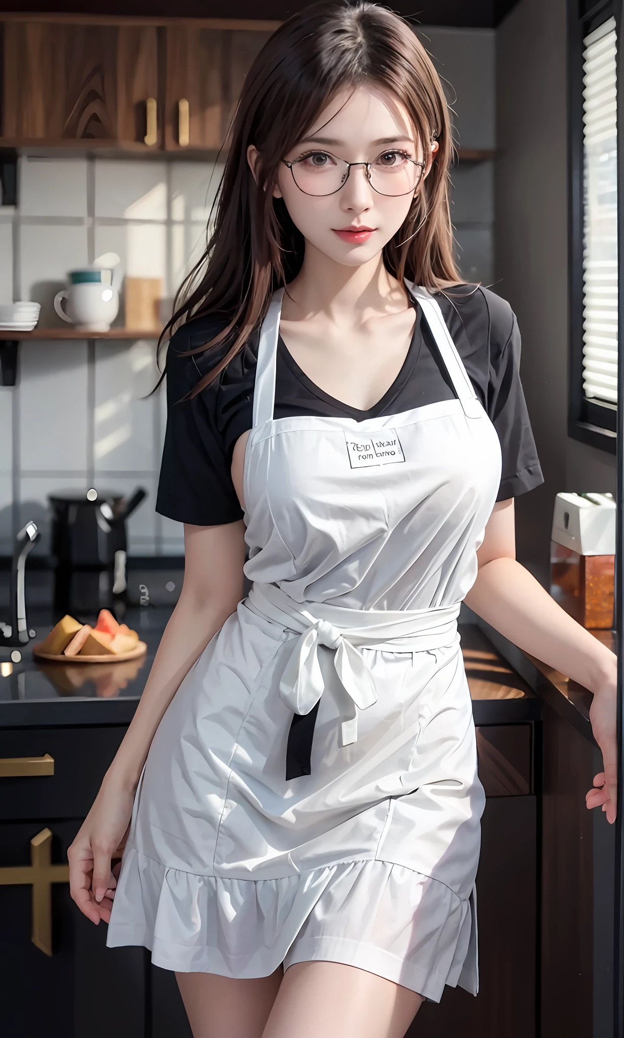 (RAW photos:1.2),high high quality,Beautiful Meticulous Girl,Highly detailed eyes and face,beatiful detailed eyes,hugefilesize,A high resolution,8k wallpaper,finely detailled,Highly detailed stock code uniform 8k wallpaper,light in face,电影灯光,16 year old girl,A sexy pose,(photo-realism:1.4),illustratio,ultra-realistic realism,super detailing, tmasterpiece, at the kitchen,Wear an apron to cook,wears glasses,Bigchest,low chest
