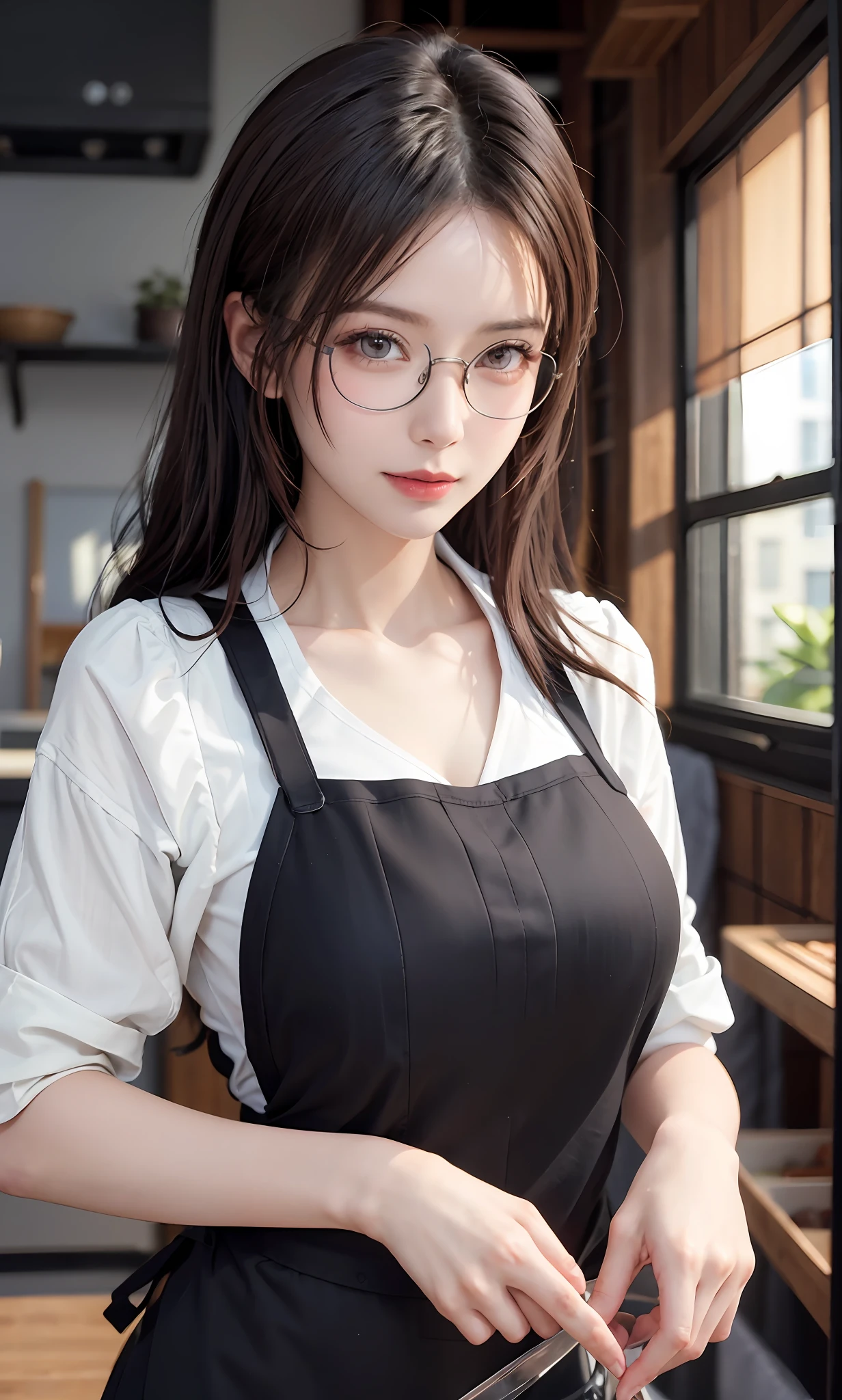 (RAW photos:1.2),high high quality,Beautiful Meticulous Girl,Highly detailed eyes and face,beatiful detailed eyes,hugefilesize,A high resolution,8k wallpaper,finely detailled,Highly detailed stock code uniform 8k wallpaper,light in face,电影灯光,16 year old girl,A sexy pose,(photo-realism:1.4),illustratio,ultra-realistic realism,super detailing, tmasterpiece, at the kitchen,Wear an apron to cook,wears glasses,Bigchest,low chest