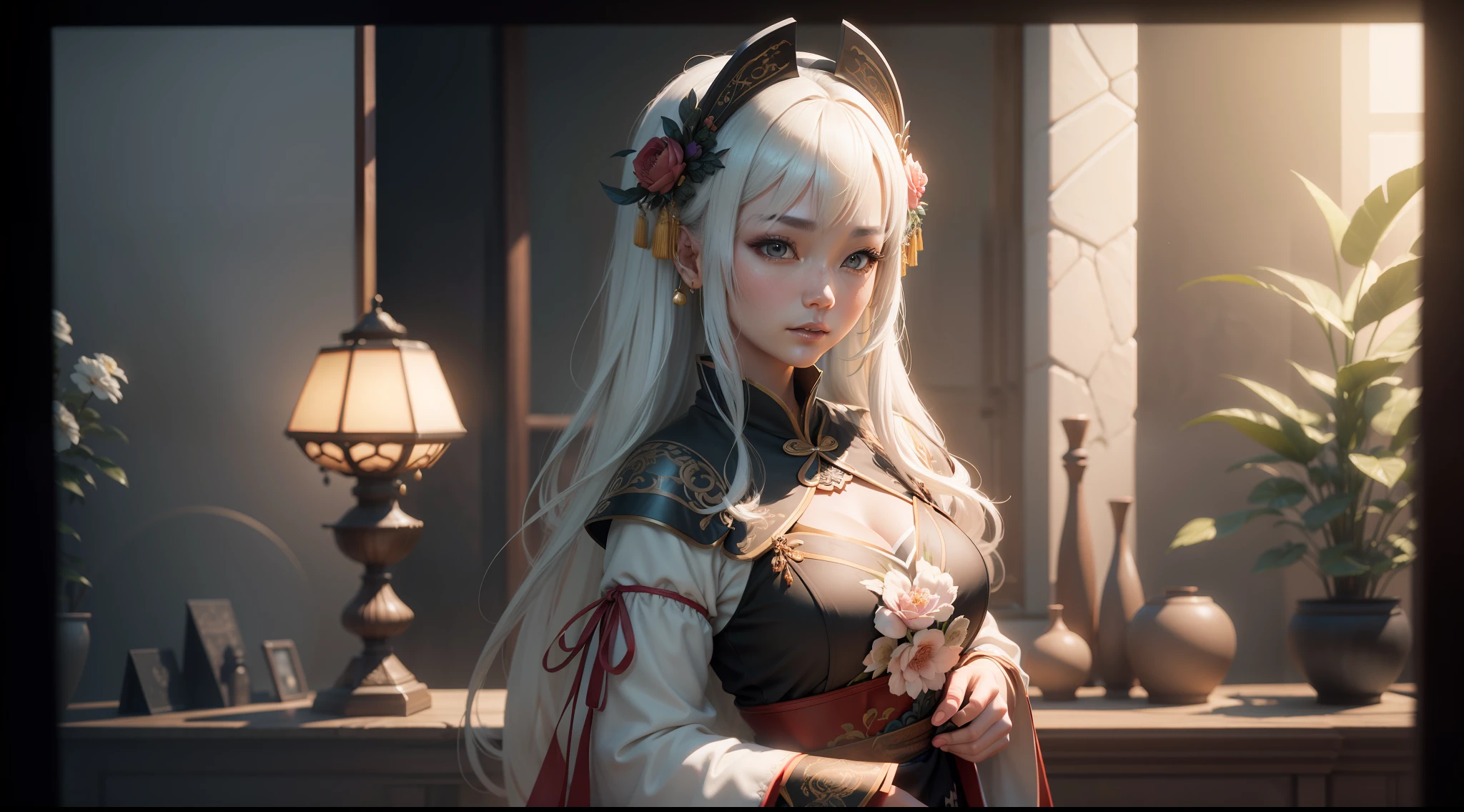 ((best qualtiy)), ((tmasterpiece)), (the detail:1.4), 3D, A beautiful image of a woman in Chinese costume,HDR(HighDynamicRange),Ray traching,NVIDIA RTX,Super-Resolution,Unreal 5,Subsurface scattering、PBR Texture、post-proces、Anisotropy Filtering、depth of fields、maximum definition and sharpness、Many-Layer Textures、Albedo e mapas Speculares、Surface Coloring、Accurate simulation of light-material interactions、perfectly proportions、Octane Render、Two-colored light、largeaperture、Low ISO、White balance、the rule of thirds、8K RAW、