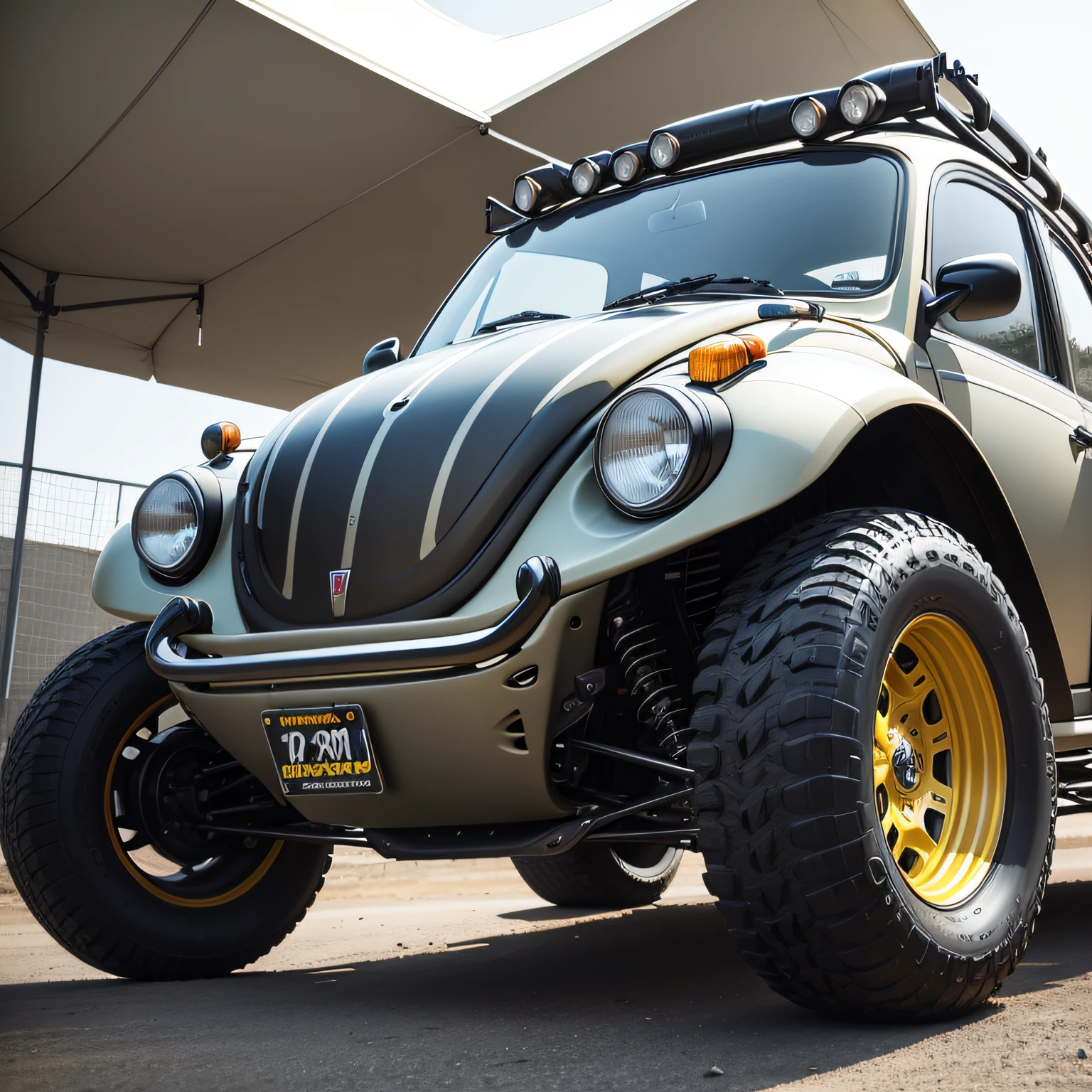 new beetle 1999, off road tuning car with wide tires, black rims, round lights, exhaust pipes on the roof