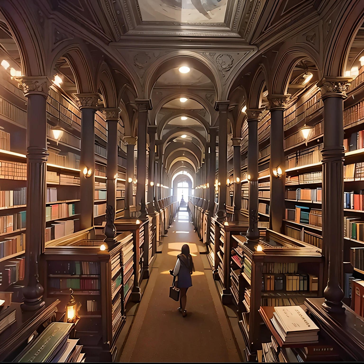 Adult calm library,Large library,The dim,POV, Atmospheric perspective