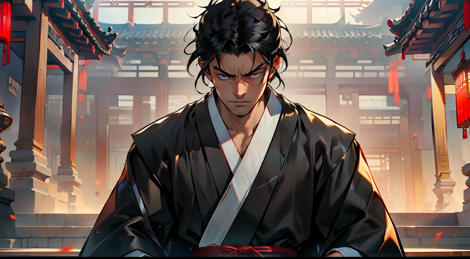 14, (1 person) (boy, (((Black coat))), ((Black Hanfu youth)), (((Black hair))), kingly air, gorgeous, handsome, outstanding temperament, his eyes flickering with complex emotions, while filled with hatred) (Background: Inside the sacred and magnificent ancient Chinese imperial palace).