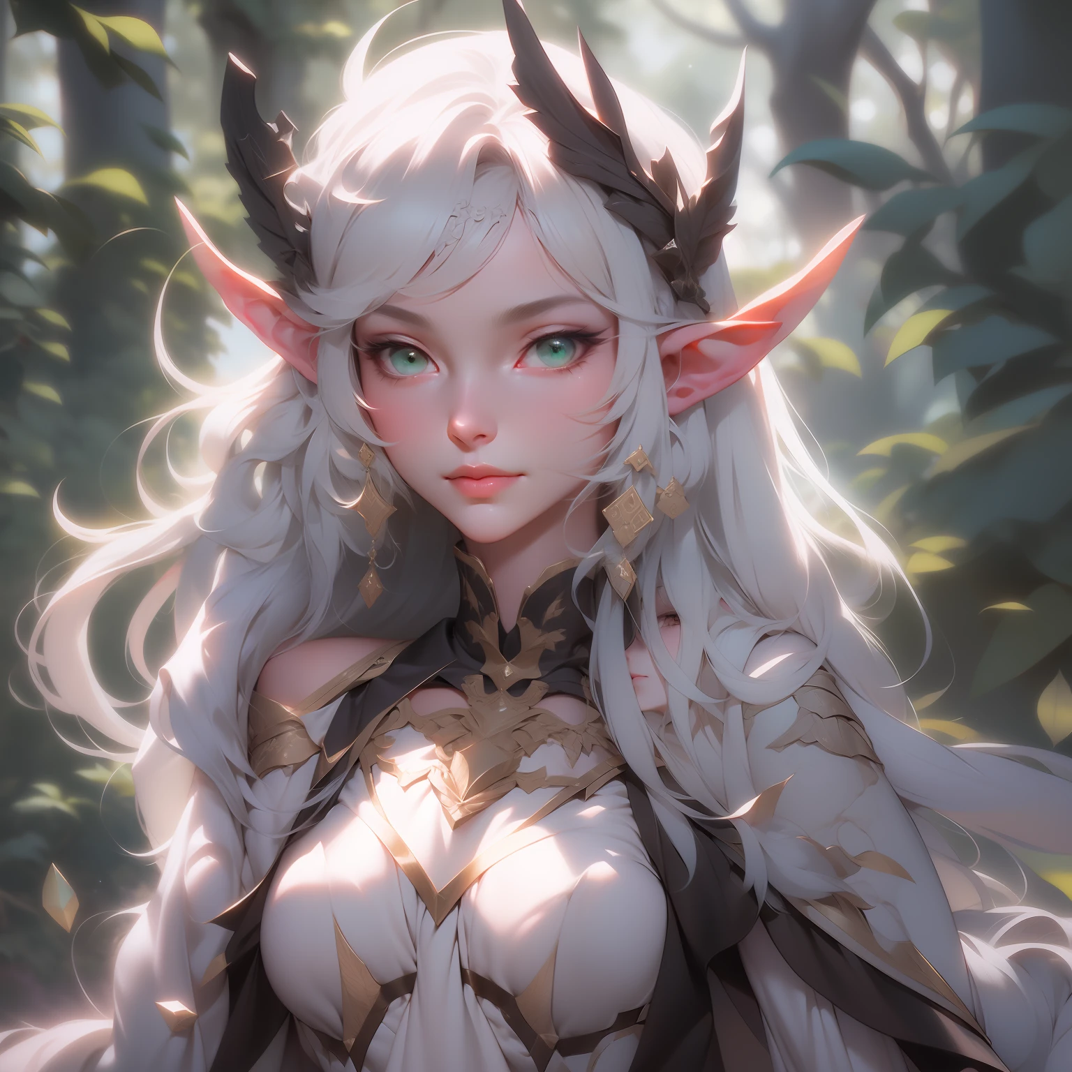 fullbody of anime girl with long white hair and green eyes walking in to forest, white haired deity, she has elf ears and gold eyes, portrait knights of zodiac girl, artwork in the style of guweiz, detailed digital anime art, guweiz on pixiv artstation, guweiz, portrait of a forest mage, portrait of an elf queen,, beautiful line art, detailed manga style, extremely fine ink lineart, black and white manga style, black and white line art, ink manga drawing, intense line art, pencil and ink manga drawing, intense black line art, in style of manga, exquisite line art, perfect lineart,exquisite line art, exquisite digital illustration, detailed digital drawing, black and white coloring, digital anime illustration, a beautiful artwork illustration, detailed matte fantasy portrait, beautiful line art, great digital art with details, goddess. extremely high detail, 4k detailed digital art, stunning digital illustration, digital fantasy illustration,((Best quality)), ((masterpiece)), (detailed:1.4), 3D, an image of a beautiful female,HDR (High Dynamic Range),Ray Tracing,NVIDIA RTX,Super-Resolution,Unreal 5,Subsurface scattering,PBR Texturing,Post-processing,Anisotropic Filtering,Depth-of-field,Maximum clarity and sharpness,Multi-layered textures,Albedo and Specular maps,Surface shading,Accurate simulation of light-material interaction,Perfect proportions,Octane Render, Two-tone lighting,Wide aperture,Low ISO,White balance,Rule of thirds,8K RAW, In a realm of fantasy and enchantment, a mystical elf graces us with a moment of wonder as she unveils her exquisite and ethereal ear. The elf's delicate features are illuminated by a soft, otherworldly glow, adding to the allure and magic that surrounds her.

With a graceful and deliberate gesture, she sweeps her long, silken hair away from her ear, unveiling the mesmerizing point that distinguishes her as one of the ethereal beings of the enchanted forests. The ear is slender and elongated, tapering to a delicate point, reminiscent