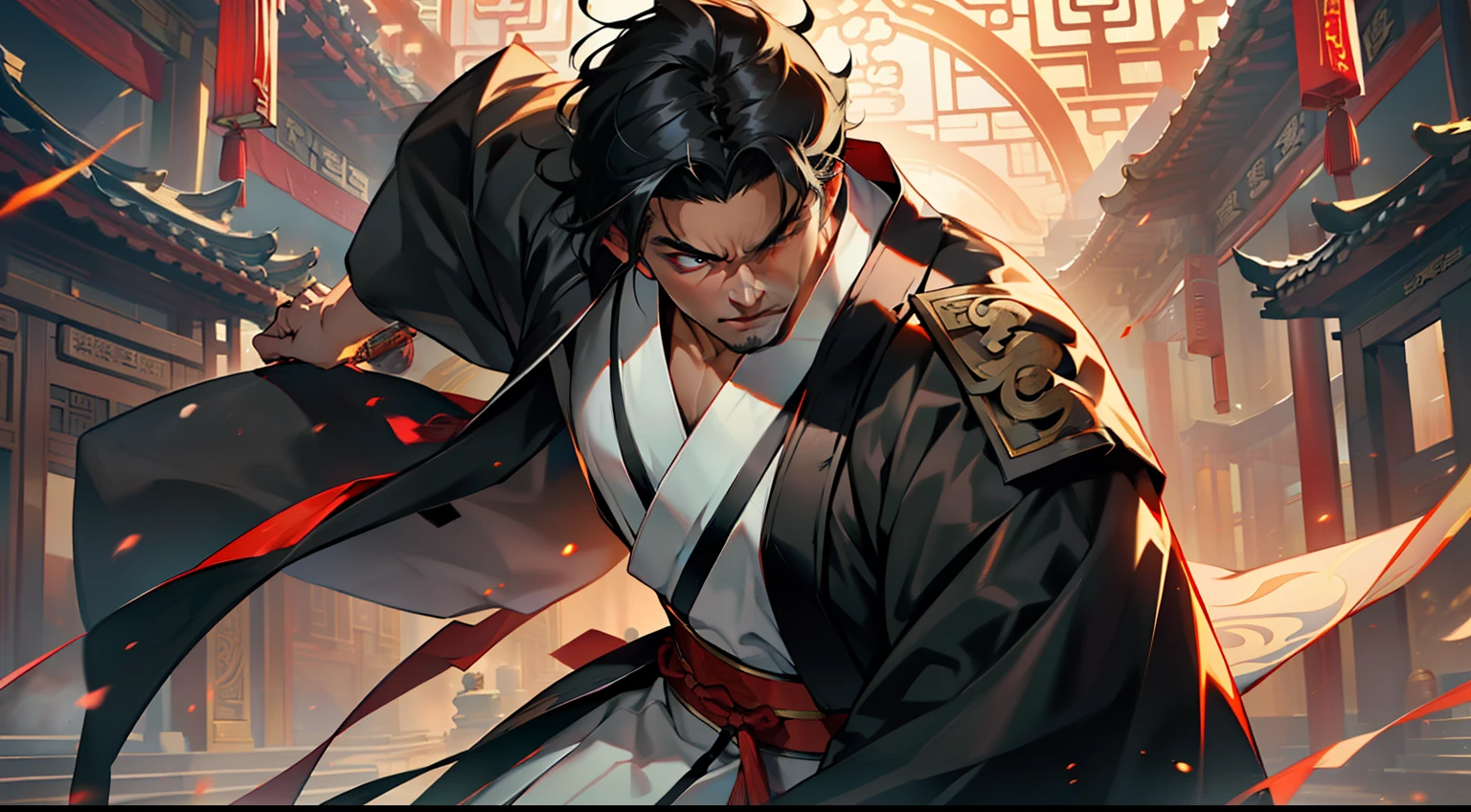 15, (1 person) (boy, (((Black coat))), ((Black Hanfu youth)), (((Black hair))), kingly air, gorgeous, handsome, outstanding temperament, tightly clenched his fists, emitting a powerful aura) (Background: Inside the sacred and magnificent ancient Chinese imperial palace).