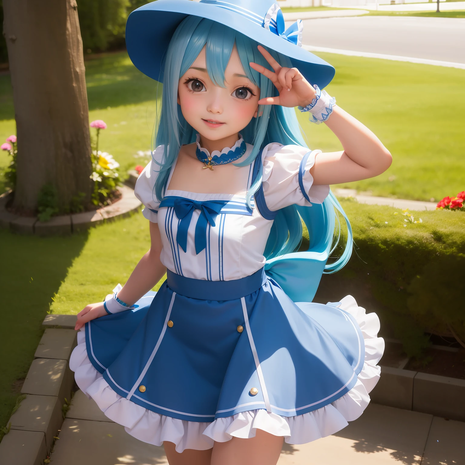 Arapi wore a blue and white dress and hat, small curvaceous , Anime girl cosplay, Anime girl in real life, lolidress, cute anime waifu in a nice dress, Anime cosplay, Hatsune Miku cosplay, Realistic anime 3 D style, cosplay of a catboy! maid! dress, Loli, angirl in a maid costume,The chest is particularly large