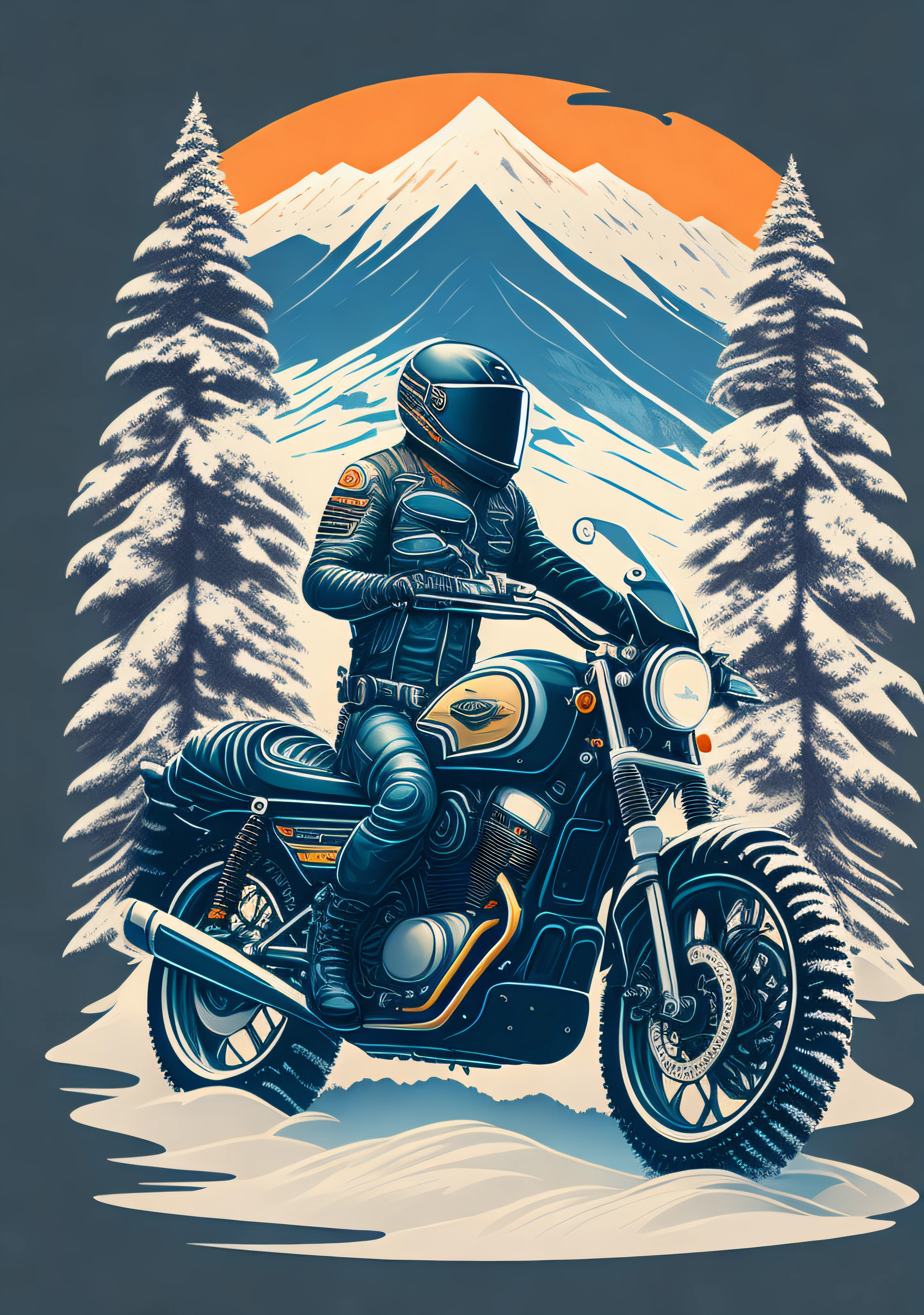a scrambler triump motorcycle between a spruice tree in a winter landscape, tshirt design, rzminjourney, vector-art, a biker stand beside motorcycle with motor suit,