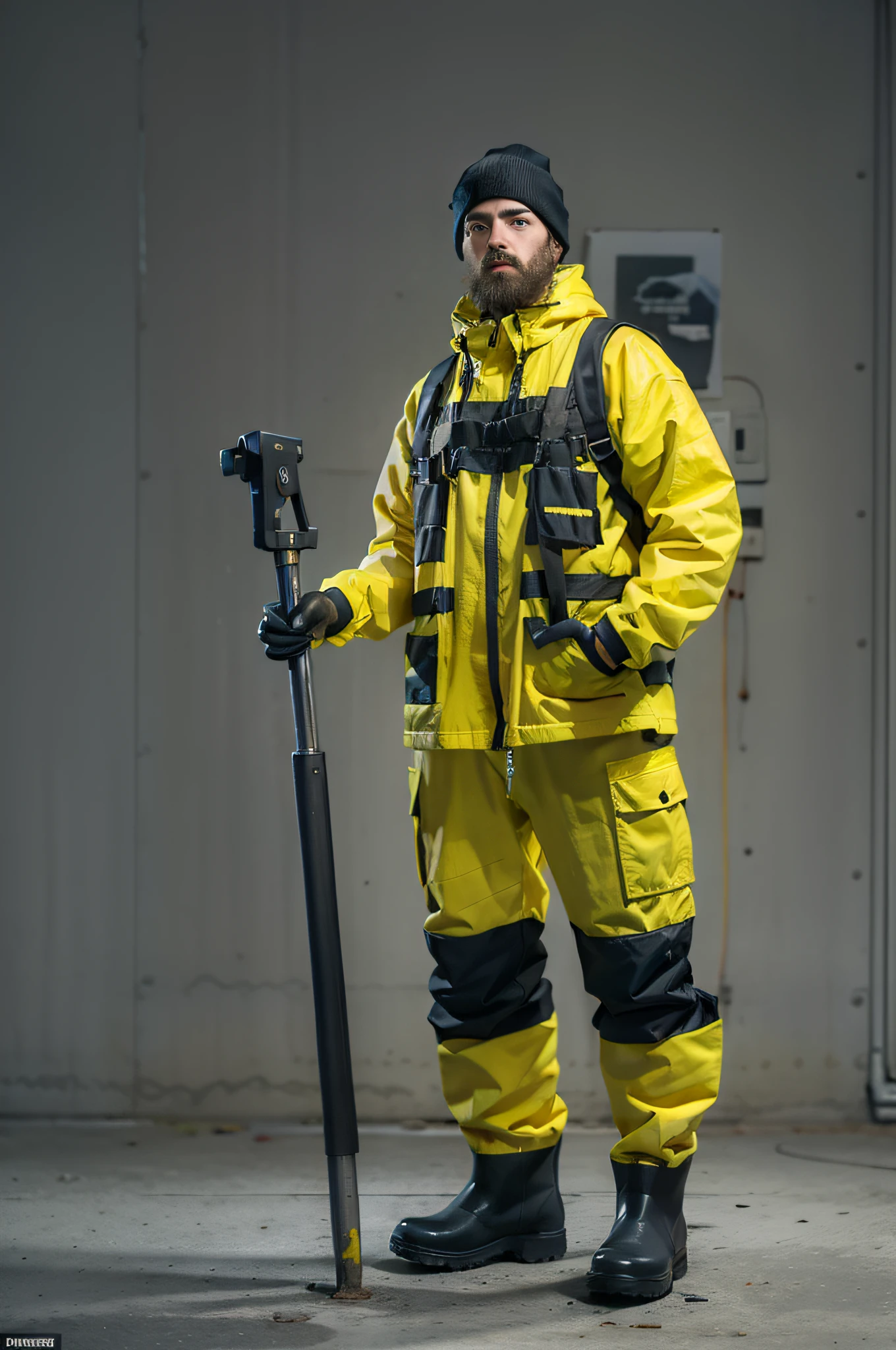 A man in a yellow high-visibility jacket stands，With a beard and rubber boots Artur Groateger, techwear outfits, a character portrait, Committee on the Arts of Labour, techwear outfits, The work equipment is muscular, a stock photo