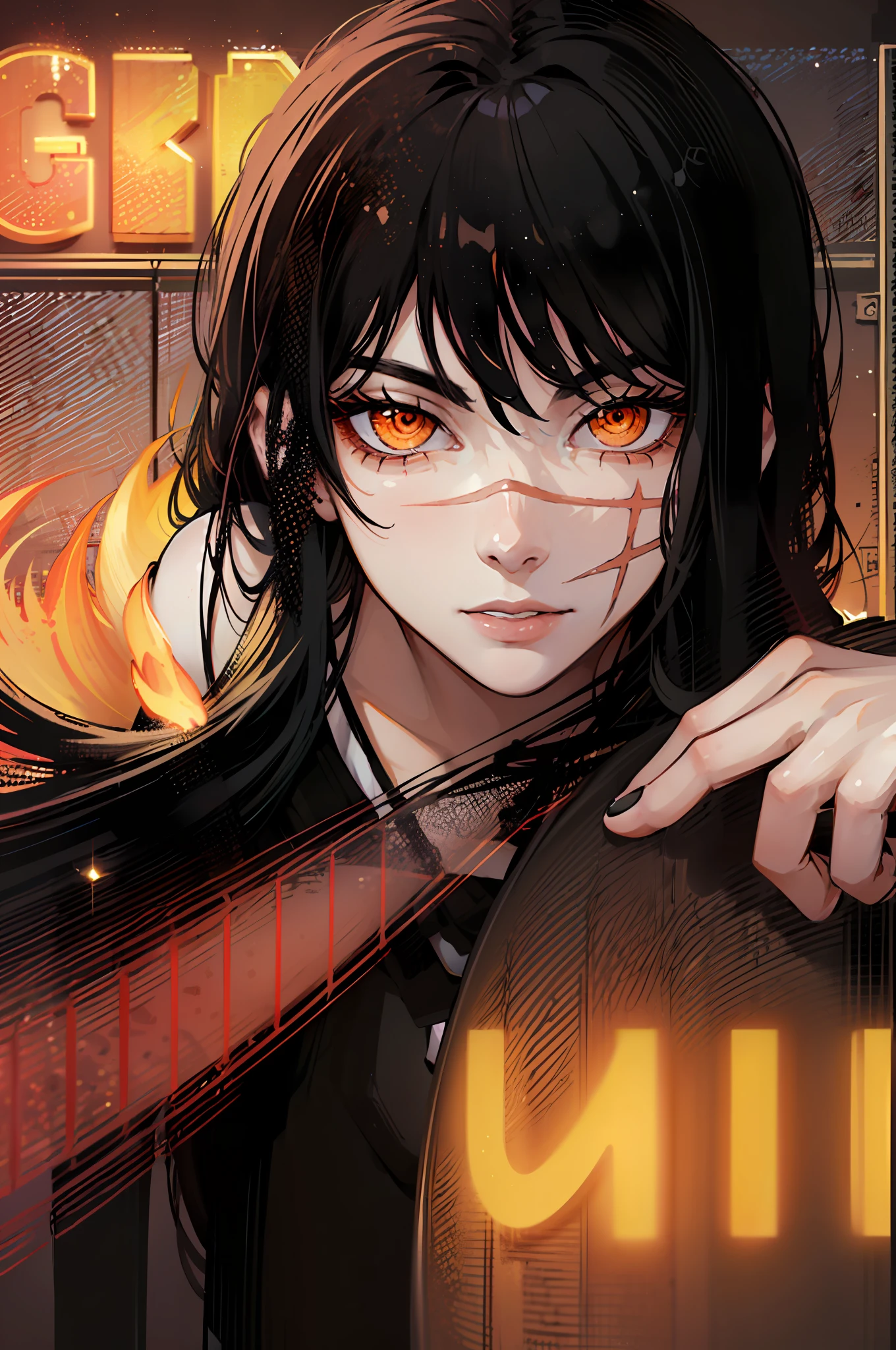 (masterpiece, top quality, best quality, official art, beautiful and aesthetic:1.2), (1girl:1.3), (fractal art:1.3), yoru, 1girl, long hair, black hair, red eyes(black ringed eyes), scar on face, ringed eyes, ((pinafore school dress)), shirt, long sleeves, ((black neck ribbon)), , ((medium breast)), shirt, long sleeves, ((black neck ribbon)),, night city, luminous signs, upper-body, looks at the viewer