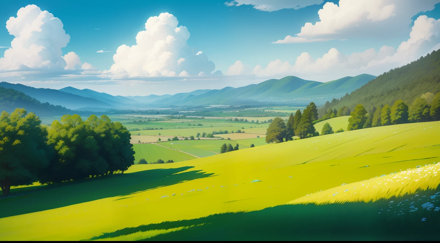 with blue sky and white clouds，Green meadow，in style of hayao miyazaki，hilly，grass field，green color，Simple，pure