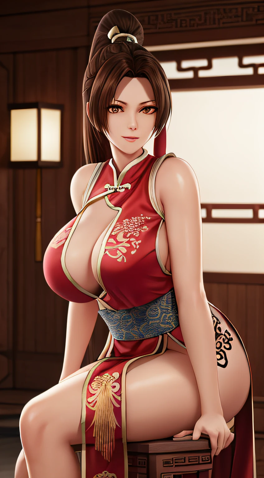 nighttime,full body,KOF:Mai Shiranui ,(((Wearing Transparent ancient Chinese palace embroidery clothing;Golden lace))), Jewelry ,Elegant sitting posture,Masterpiece,best quality,official art,extremely detailed, 3D, Cinema 4D,8k,photorealistic:1.4, ( ##color-tattoo ##,color-tattoo, ~+color-tattoo),(Perfect female curves, huge stacked breast),(A seductive gaze), Facing the camera, Pink lips,Delicate fingers and hands,magic hour, Rembrandt lighting, front lighting and fill lighting, hard shadow,