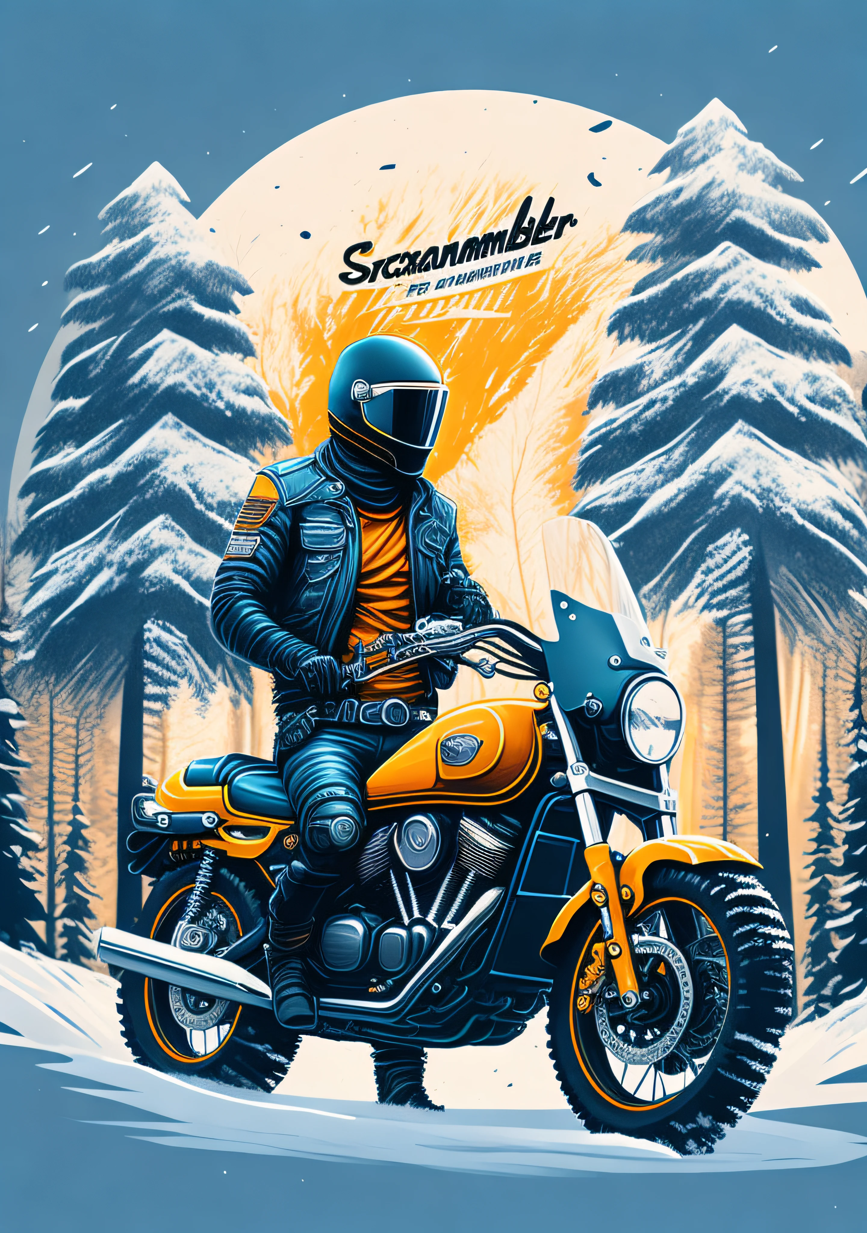 a scrambler triump motorcycle between a spruice tree in a winter landscape, tshirt design, rzminjourney, vector-art, a biker stand beside motorcycle with motor suit,
