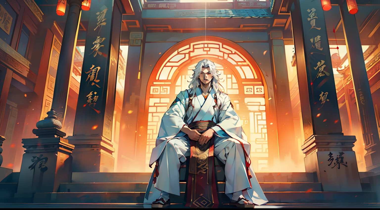 , (1 person) (boy, ((white Hanfu youth)), (((Long white hair))), kingly air, gorgeous, handsome, outstanding temperament, sitting on the sacred throne, becoming serious) (Background: Inside the sacred and magnificent ancient Chinese imperial palace).
